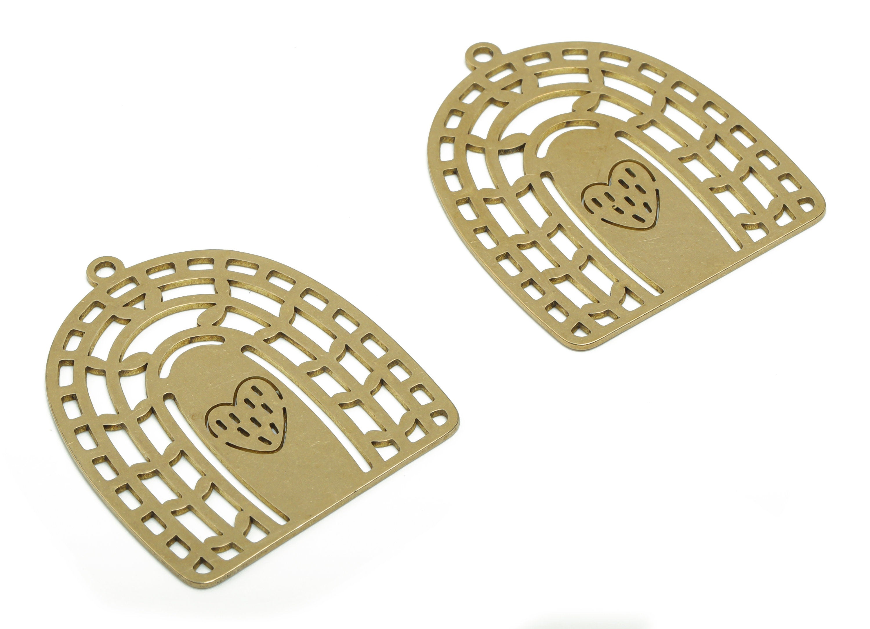 Brass Rainbow Domed Earring Charms - Raw Brass Rainbow Heart Pendant - Jewelry Making Supplies - 37.77x30.9x0.77mm - PPZ0118 - DOMEDBAZAAR