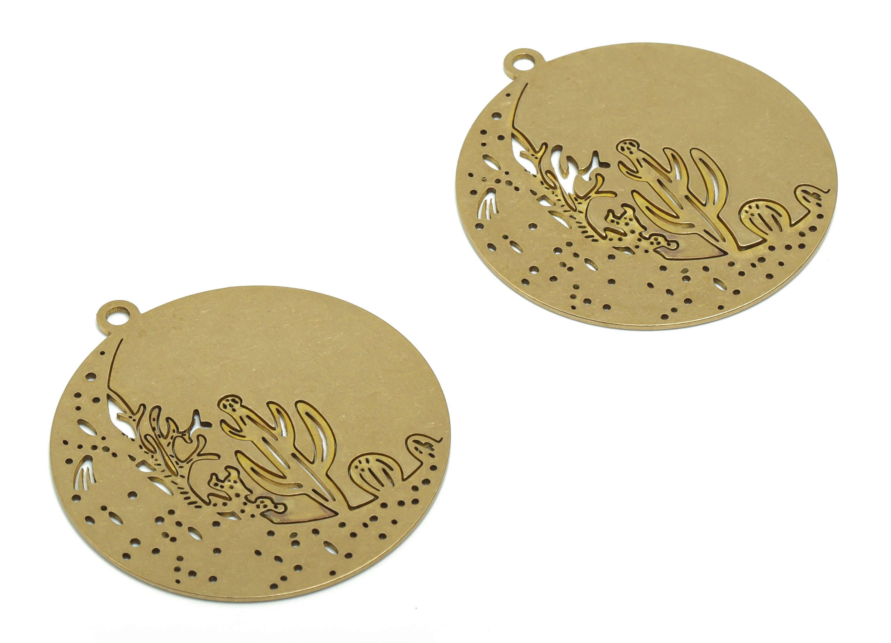 Brass Round Desert Cactus Earring Charms - Raw Brass Desert Cactus Circle Pendant - Jewelry Making Supplies - 37.82x34.87x0.62mm - PPA0356 - DOMEDBAZAAR