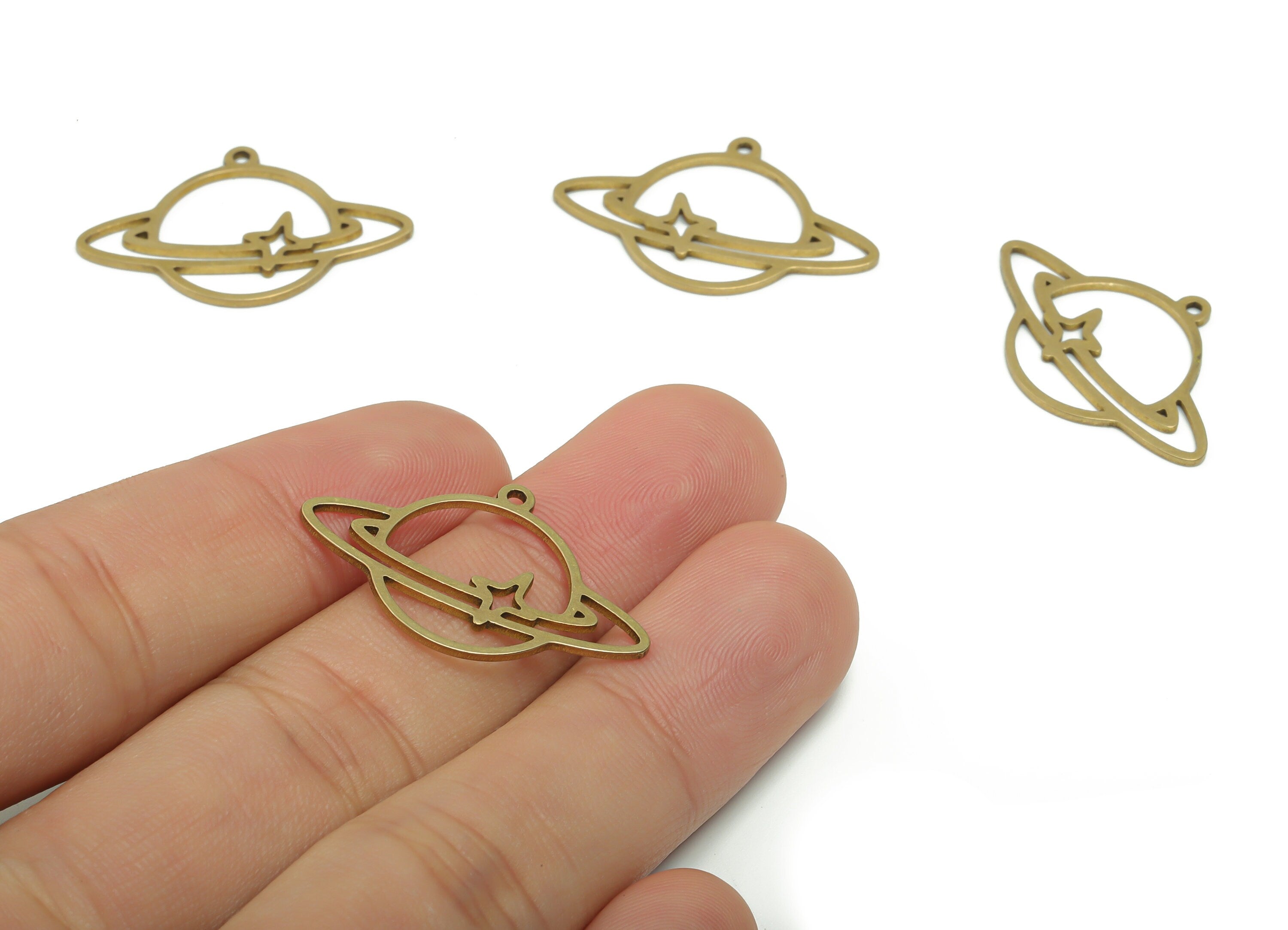Brass Round Planet Earring Charms - Raw Brass Saturn Universe Pendant - Jewelry Making Supplies - 29.69x19.34x0.94mm - PPZ0095 - DOMEDBAZAAR