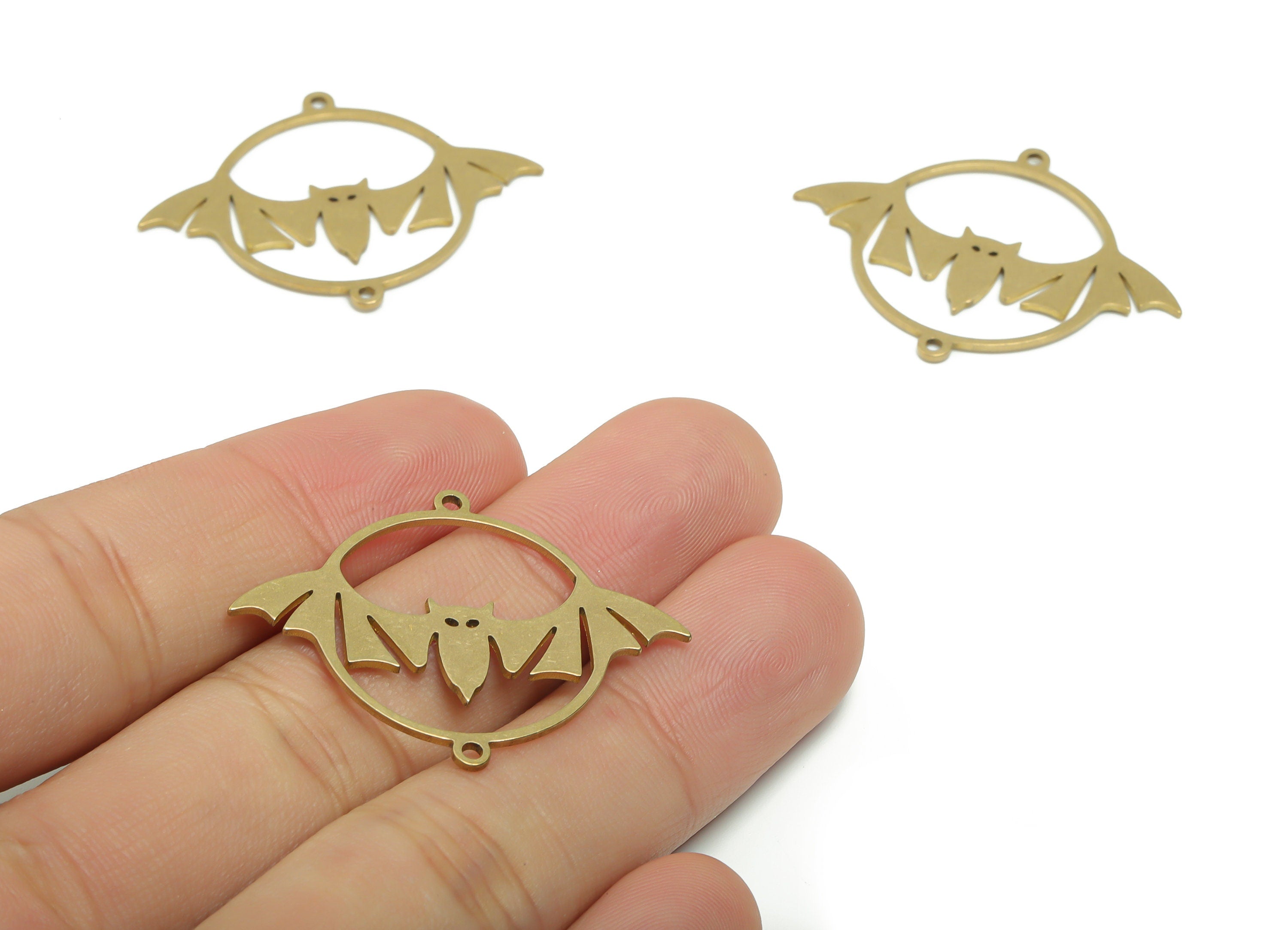 Brass Round Flying Bat Earring Connectors - Raw Brass Circle Bat Wings Charms and Pendant - Jewelry Supplies - 37.65x28.79x0.82mm - PPZ0085 - DOMEDBAZAAR