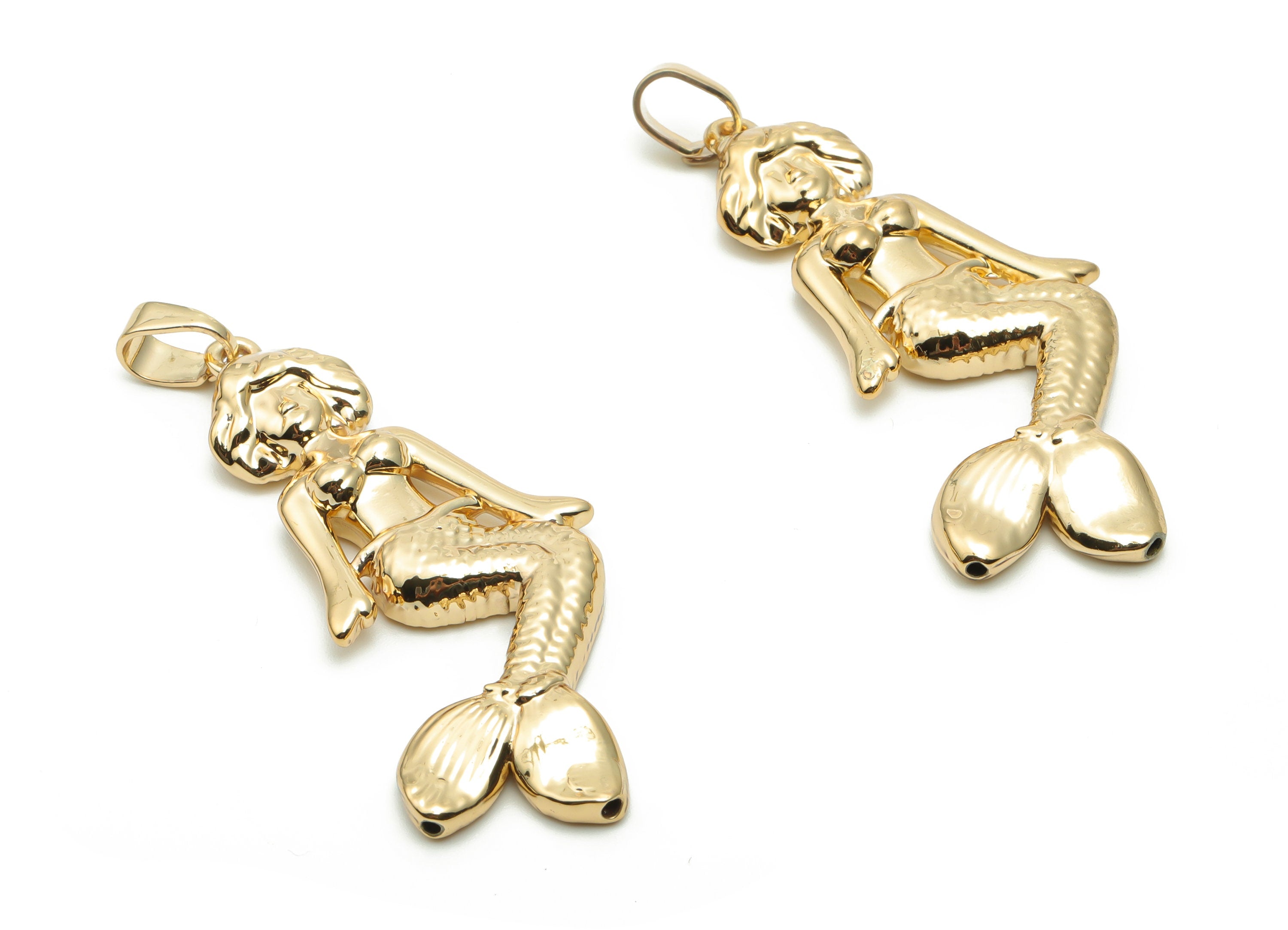 Brass Mermaid Earring Charms - Gold Mermaid Pendant - Gold Tone Plated Brass - Jewelry Making Supplies - 55.28x22.32x4.43mm - PP5080G - DOMEDBAZAAR