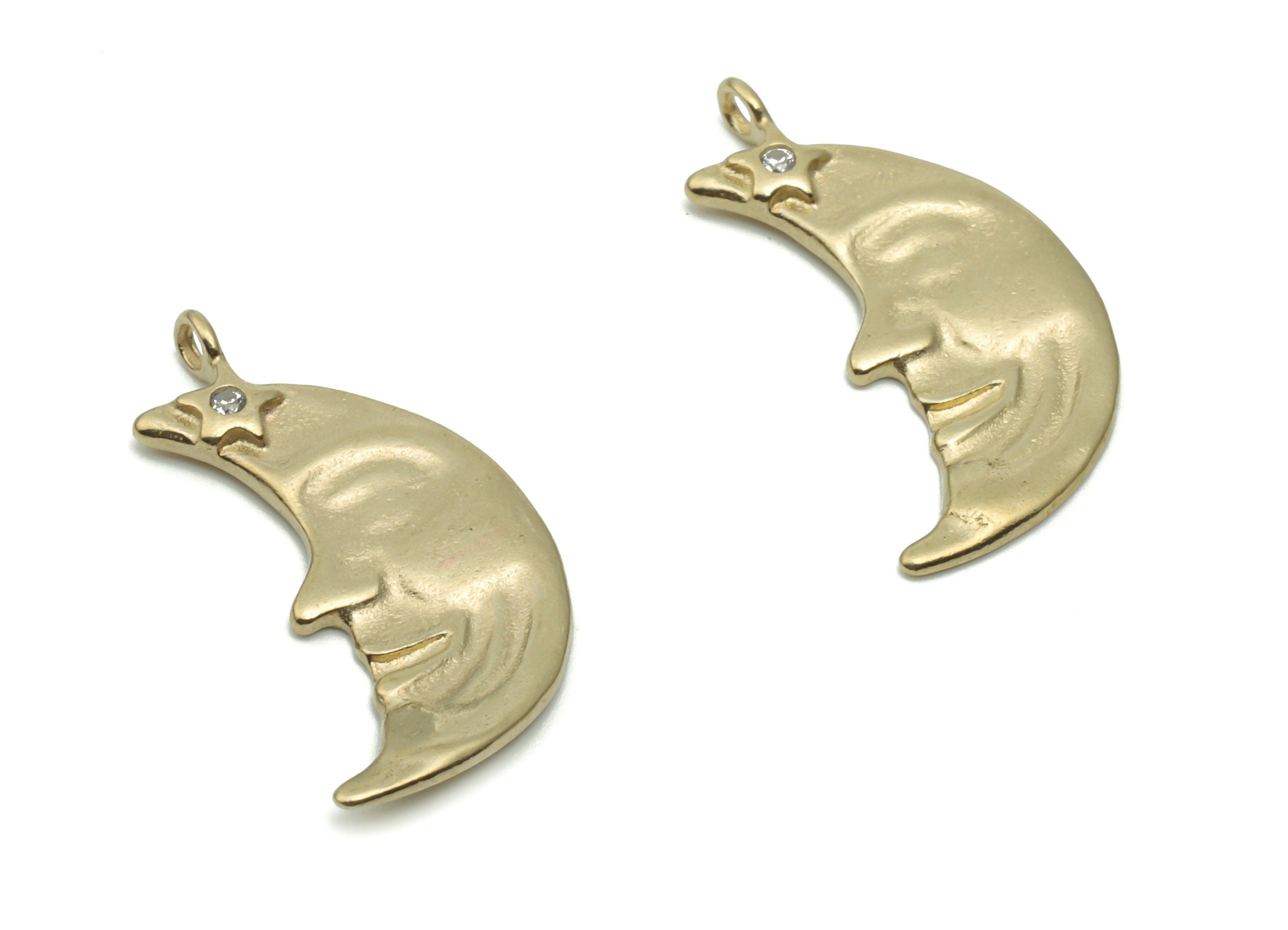 Brass Moon Smiley Face Earring Charms With Zircons - Raw Brass Crescent Star Pendant - Jewelry Making Supplies - 24.41x12.91x1.03mm - PP5046 - DOMEDBAZAAR