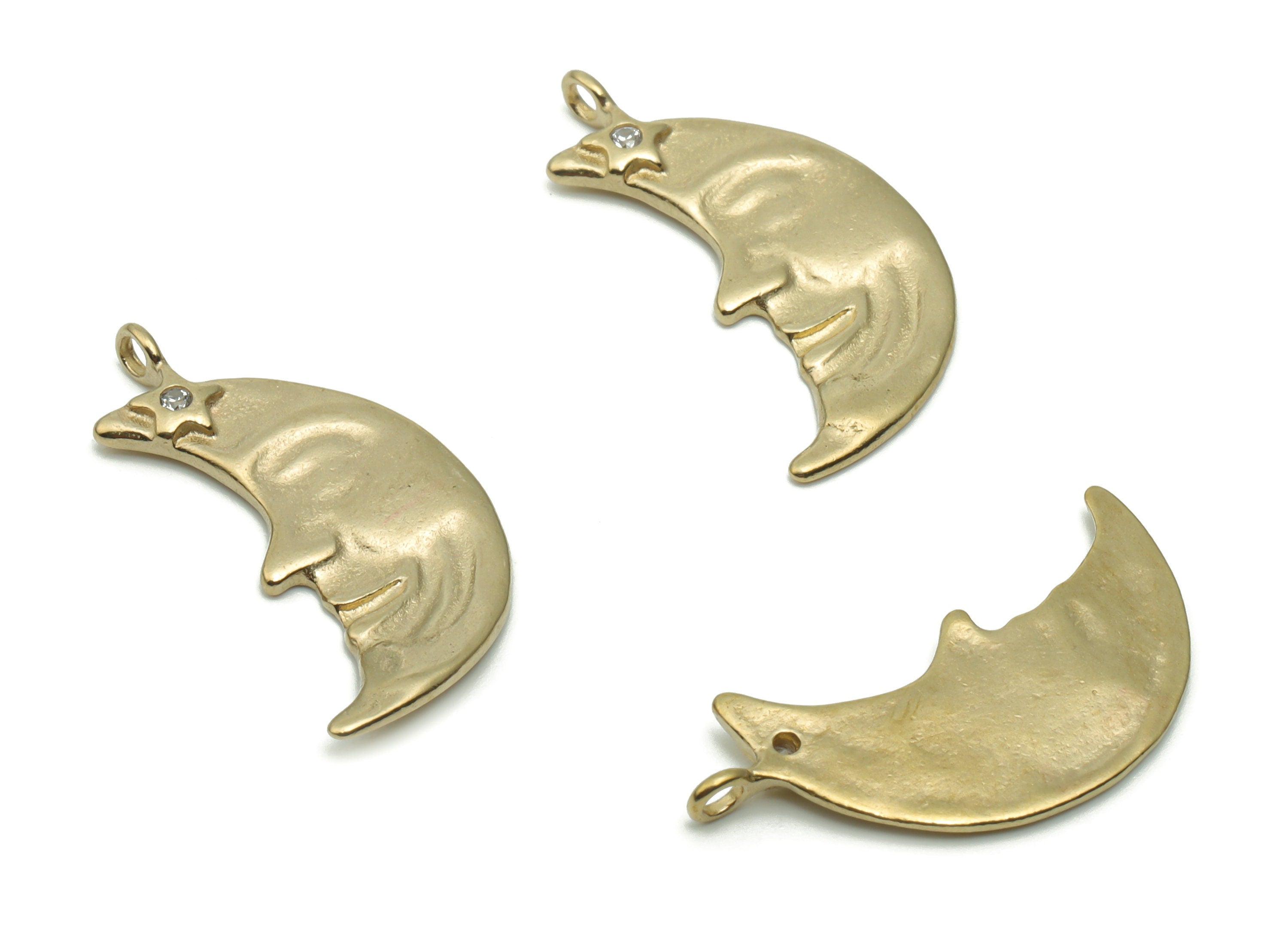 Brass Moon Smiley Face Earring Charms With Zircons - Raw Brass Crescent Star Pendant - Jewelry Making Supplies - 24.41x12.91x1.03mm - PP5046 - DOMEDBAZAAR