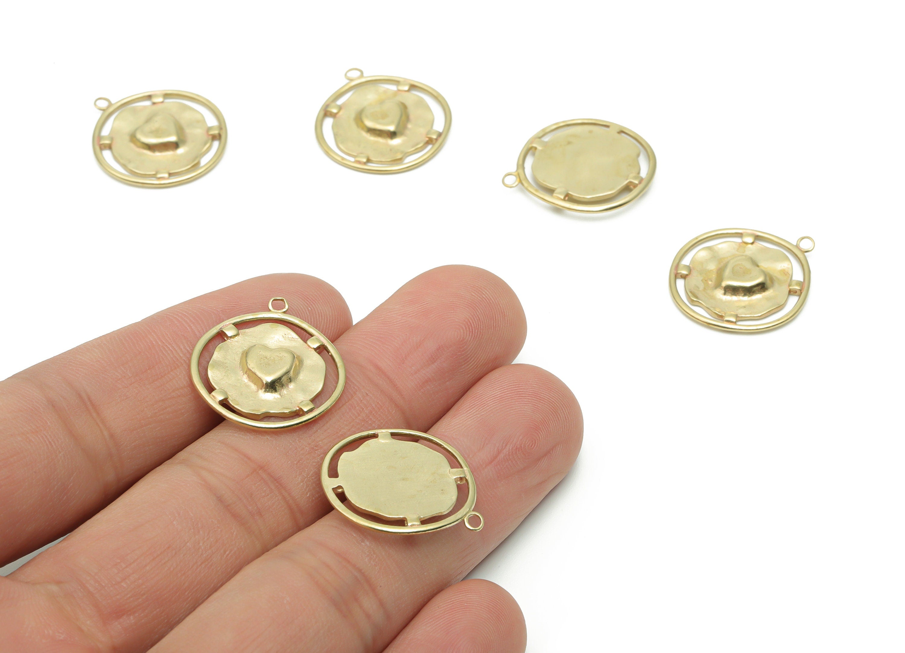 Brass Round Heart Earring Charms - Raw Brass Circle Heart Pendant - DIY Jewelry Making Supplies - 21.79x19.34x2.28mm - PP5001 - DOMEDBAZAAR
