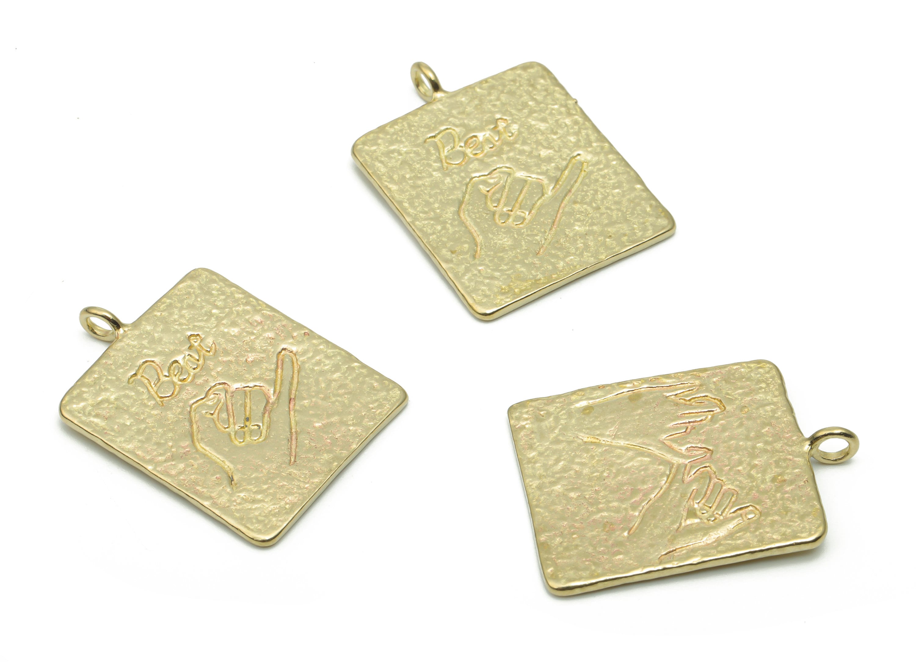Brass Hammered Square Hand Pull Hook Earring Charms - Raw Brass Hand Sings Pendant - Jewelry Making Supplies - 26.04x18.87x0.94mm - PP5015 - DOMEDBAZAAR