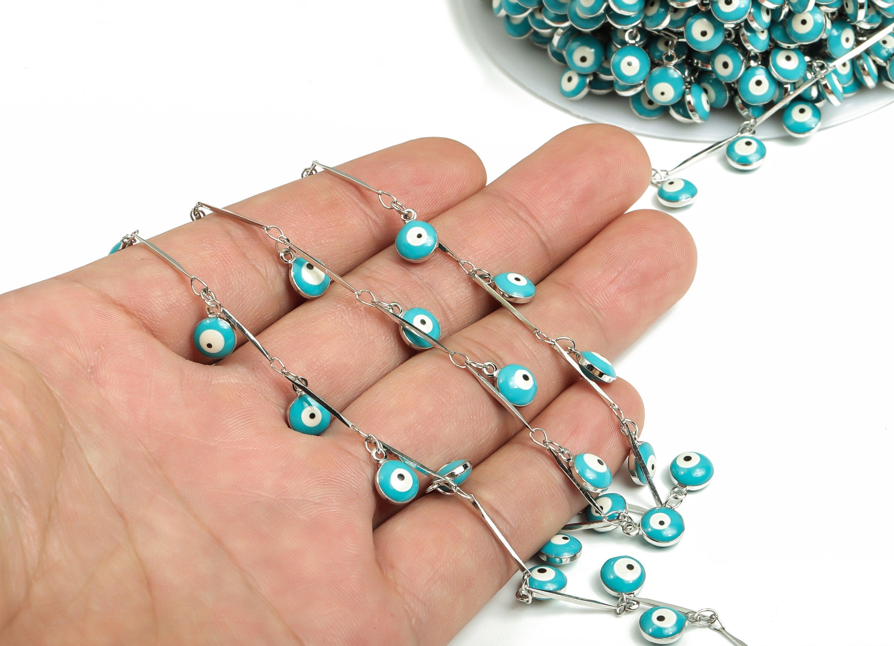 Evil Eye Enamel Chain - Silver Tone Plated Brass Chain - Soldered Marquise Multi Color Iron Beaded Chain 0.37&quot;x0.26&quot;x0.16&quot; CC1210S - DOMEDBAZAAR