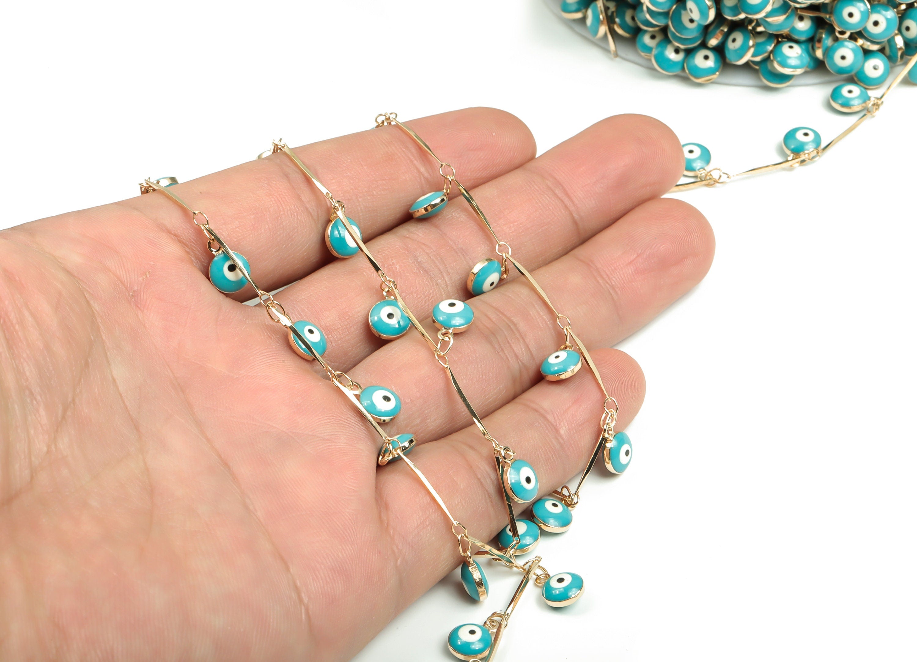 Evil Eye Enamel Chain - KC Gold Tone Plated Brass Chain - Soldered Marquise Multi Color Iron Beaded Chain 0.37&quot;x0.26&quot;x0.16&quot; CC1210G - DOMEDBAZAAR
