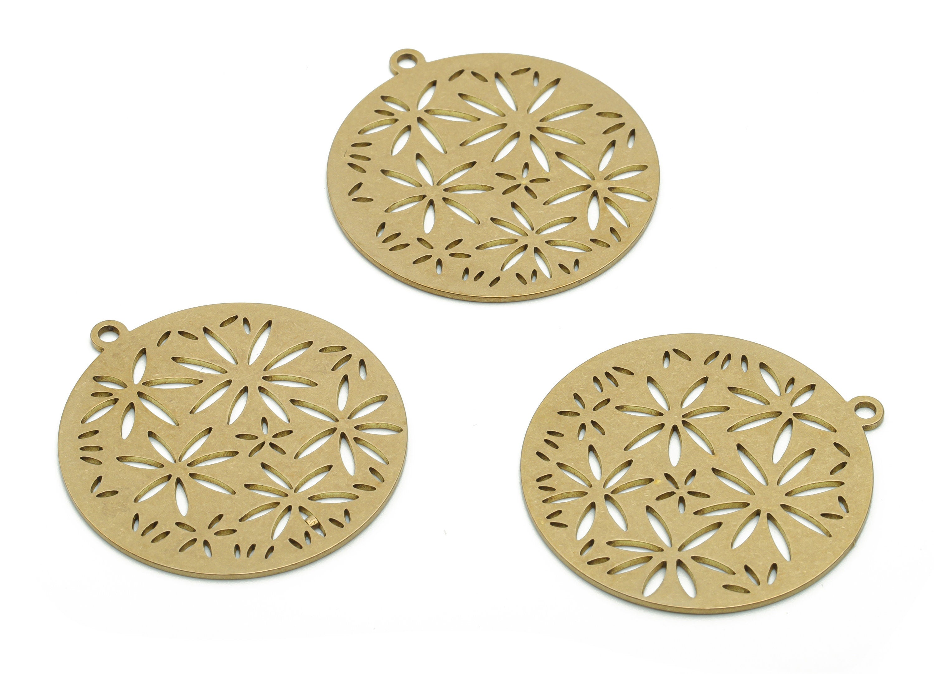 Brass Round Flowers Earring Charms - Raw Brass Flowers Circle Pendant - Jewelry Making Supplies - 34.77x31.94x0.75mm - PPA1051 - DOMEDBAZAAR