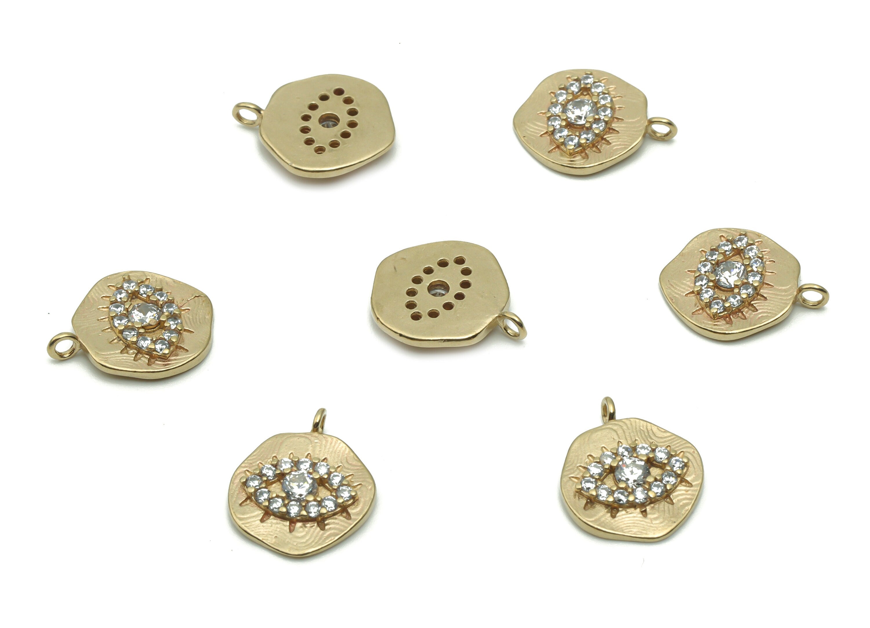 Brass Mini Round Eye Earring Charms With Zircons - Raw Brass Eye Circle Pendant - Jewelry Making Supplies - 12.73x10.32x2.06mm - PP5049 - DOMEDBAZAAR