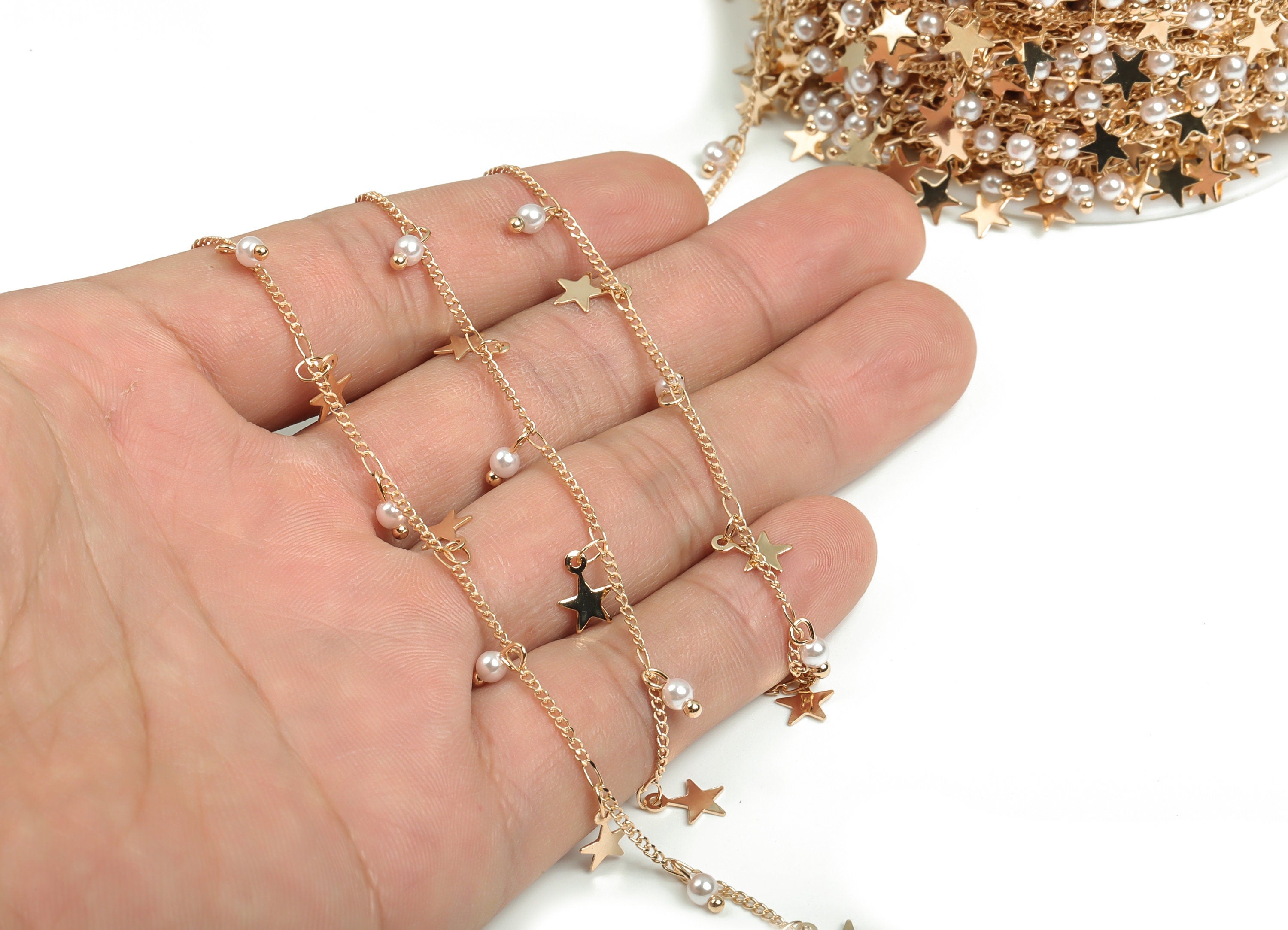 Pearl Satellite Curb Chain - KC Gold Tone Plated Brass Bead Chain - Soldered Star Bead Chain -For Necklace Bracelet 0.08&quot;x0.05&quot;x0.2&quot; CC1212G - DOMEDBAZAAR