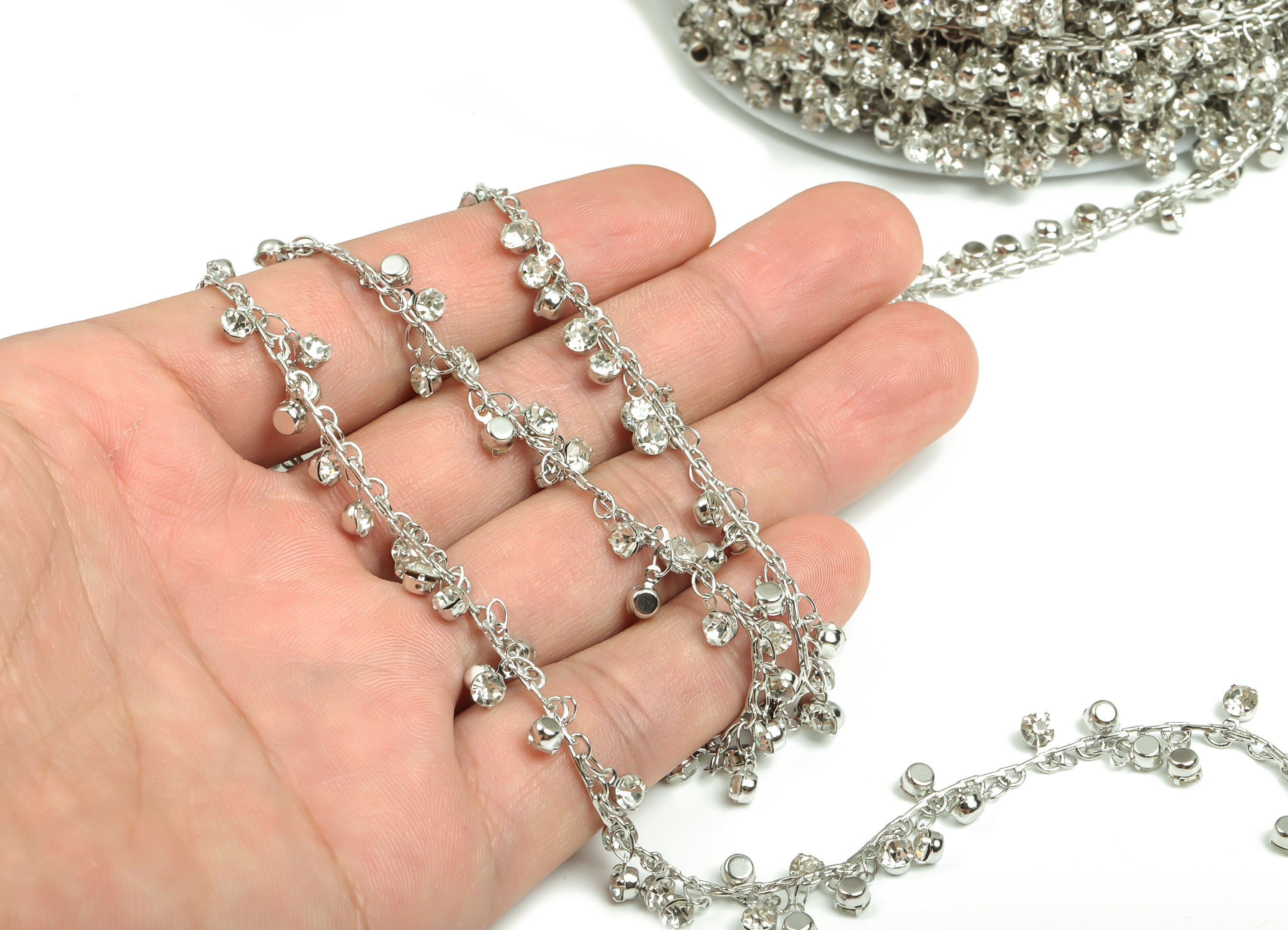Glass Satellite Bead Chain - Silver Tone Plated Brass Chain - Soldered Glass Beaded Chain - For Bracelet 0.13&quot; x 0.05&quot; x 0.02&quot; CC1214S - DOMEDBAZAAR