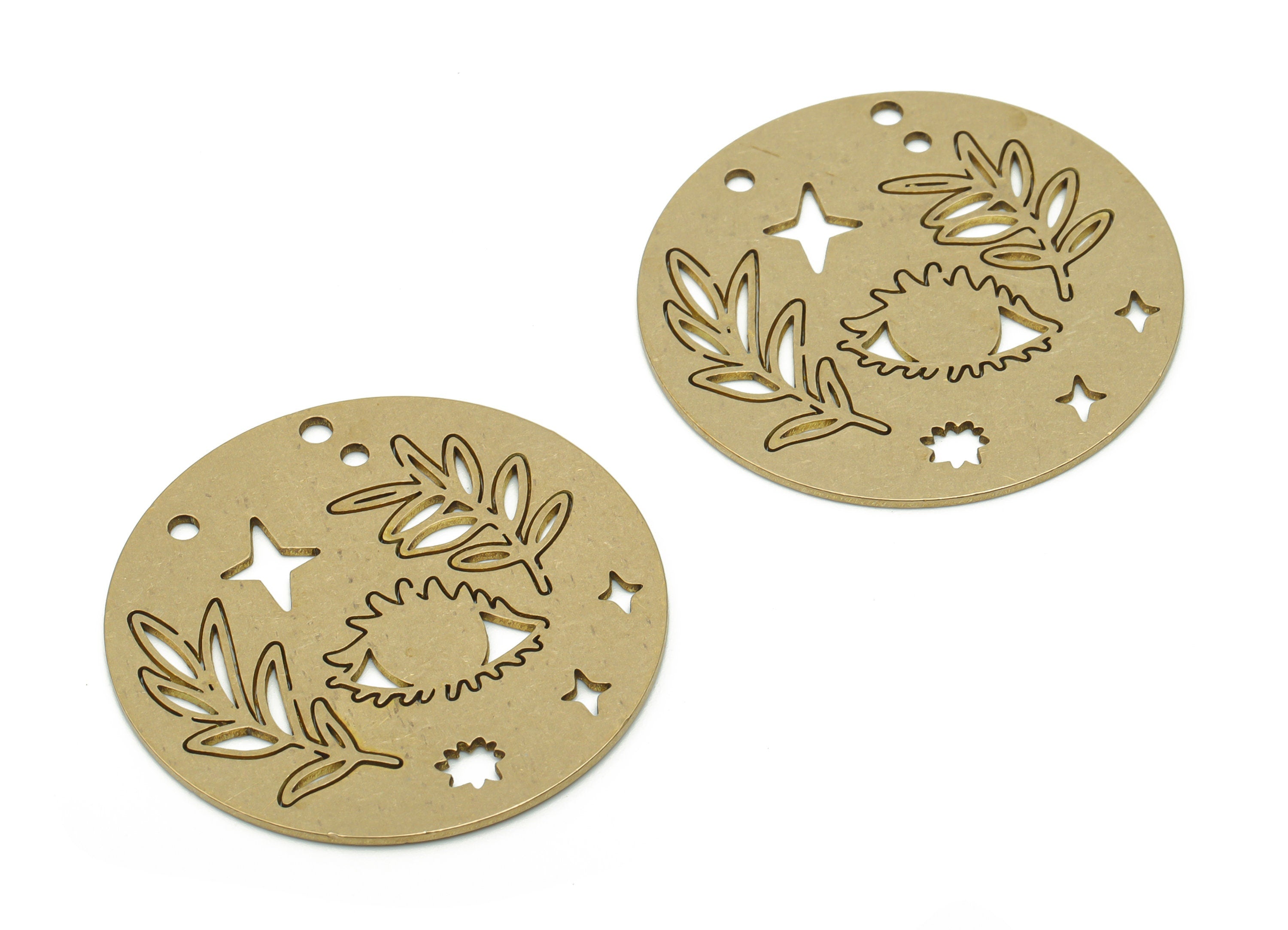 Brass Round Branch Planet Earring Charms - Raw Brass Circle Star Eye Pendant - Jewelry Making Supplies - 34.8x34.8x0.74mm - PPZ0110 - DOMEDBAZAAR