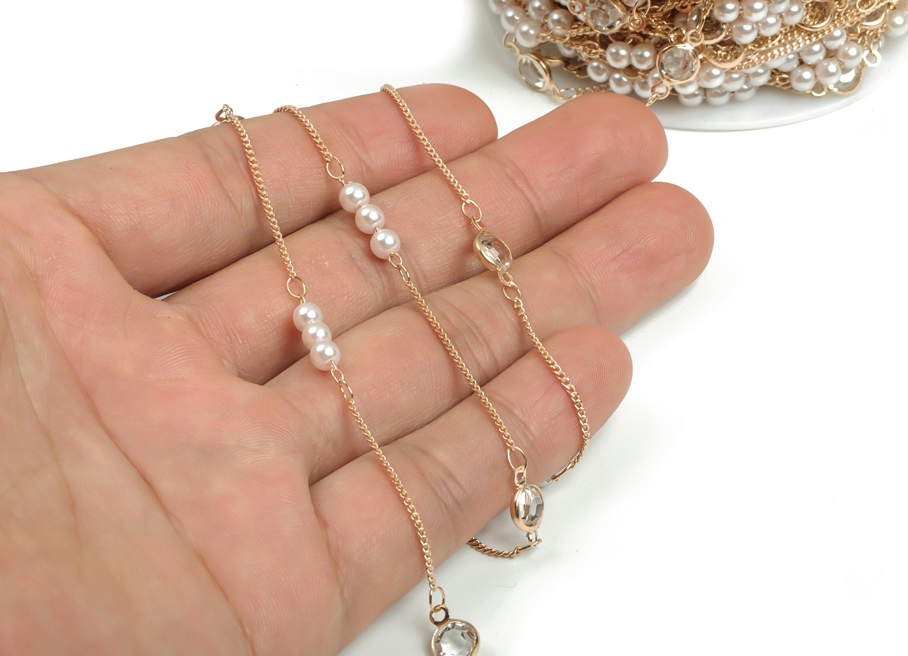 Pearl Glass Satellite Curb Chain - KC Gold Tone Plated Brass Chain -Soldered Round Glass Beaded Chain-For Bracelet 0.05&quot;x0.05&quot;x0.03&quot; CC1215G - DOMEDBAZAAR