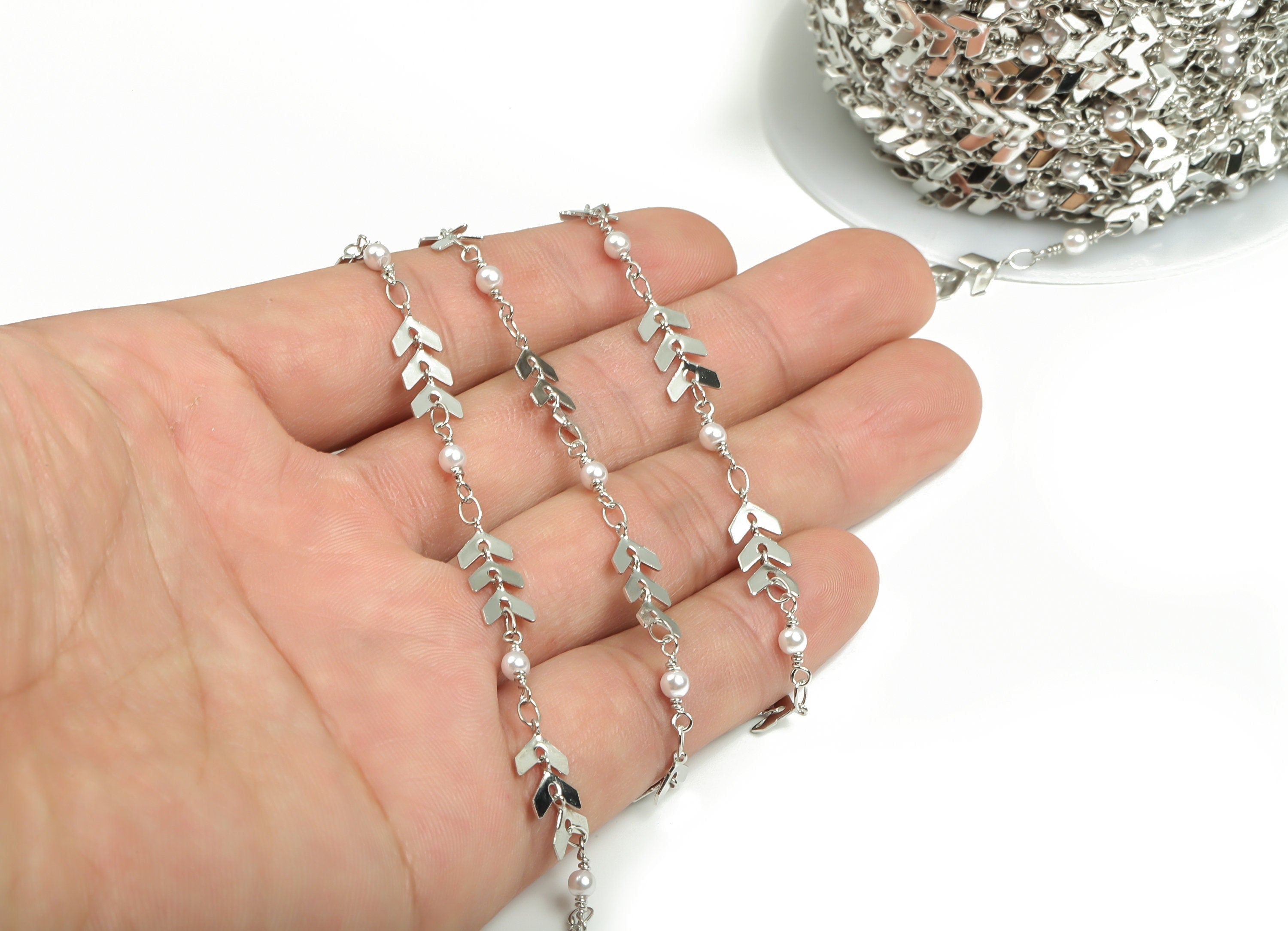 Pearl Satellite Arrow Chain - Silver Tone Plated Brass Chain - Soldered Beaded Chain - For Necklace Bracelet 0.26&quot;x0.25&quot;x0.02&quot; CC1216S - DOMEDBAZAAR