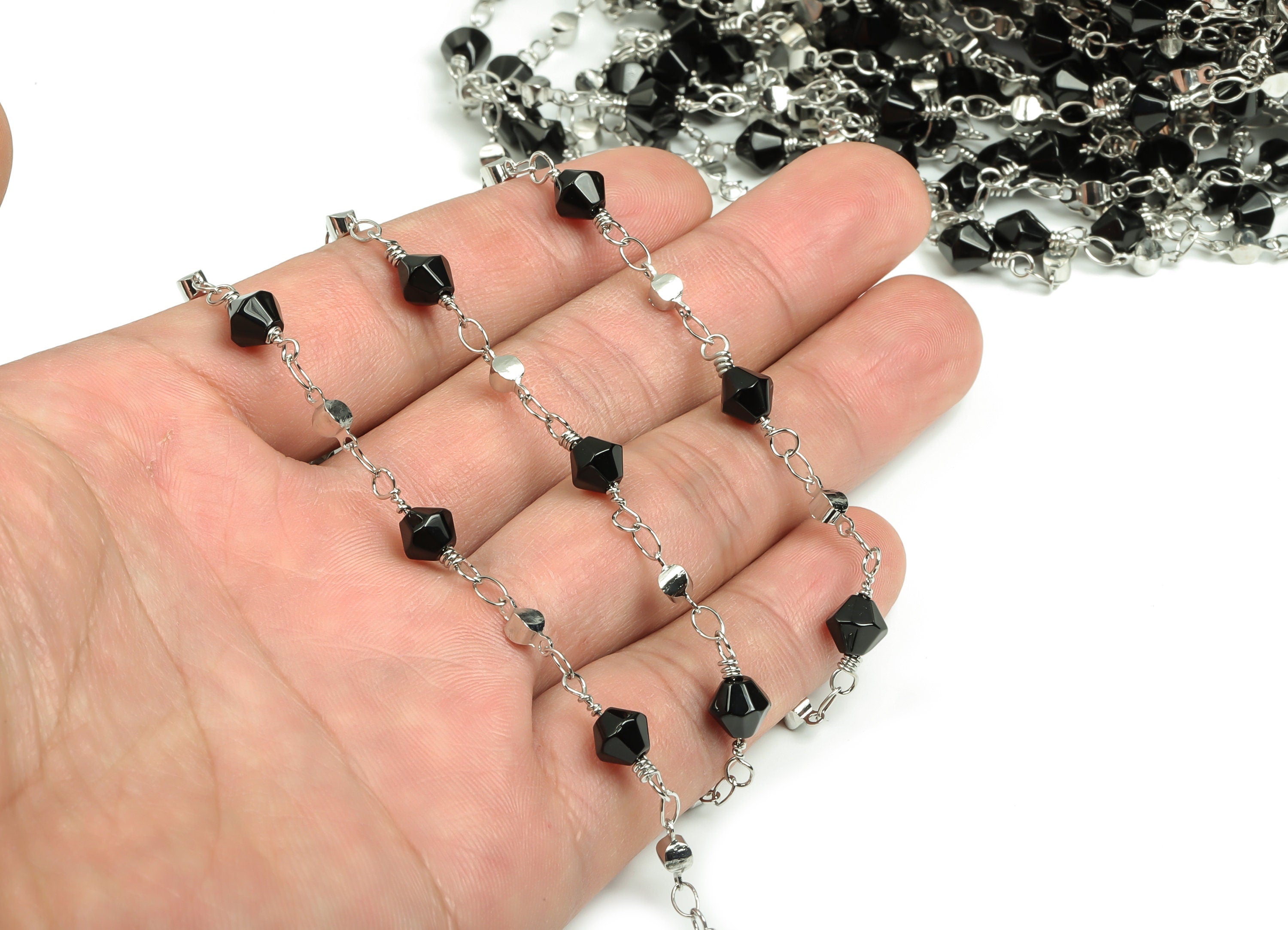 Glass Bead Chain - Silver Tone Plated Brass Chain - Soldered Glass Beaded Chain - For Necklace Bracelet 0.26&quot; x 0.26&quot; x 0.24&quot; CC1217S - DOMEDBAZAAR