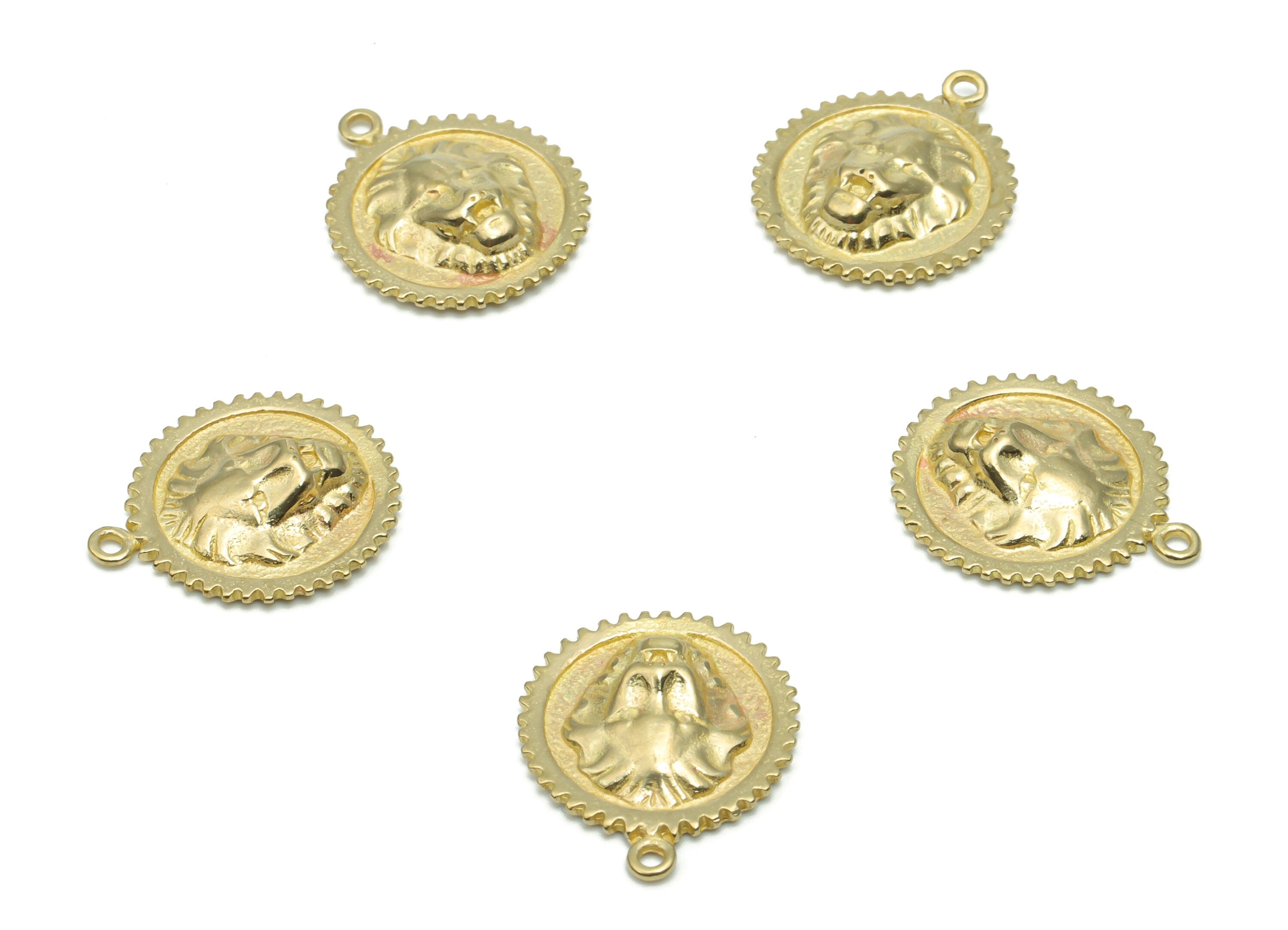 Brass Round Lion King Earring Charms - Raw Brass Beasts Circle Pendant - DIY Jewelry Making Supplies - 17.79x15.24x3.35mm - PP5013 - DOMEDBAZAAR