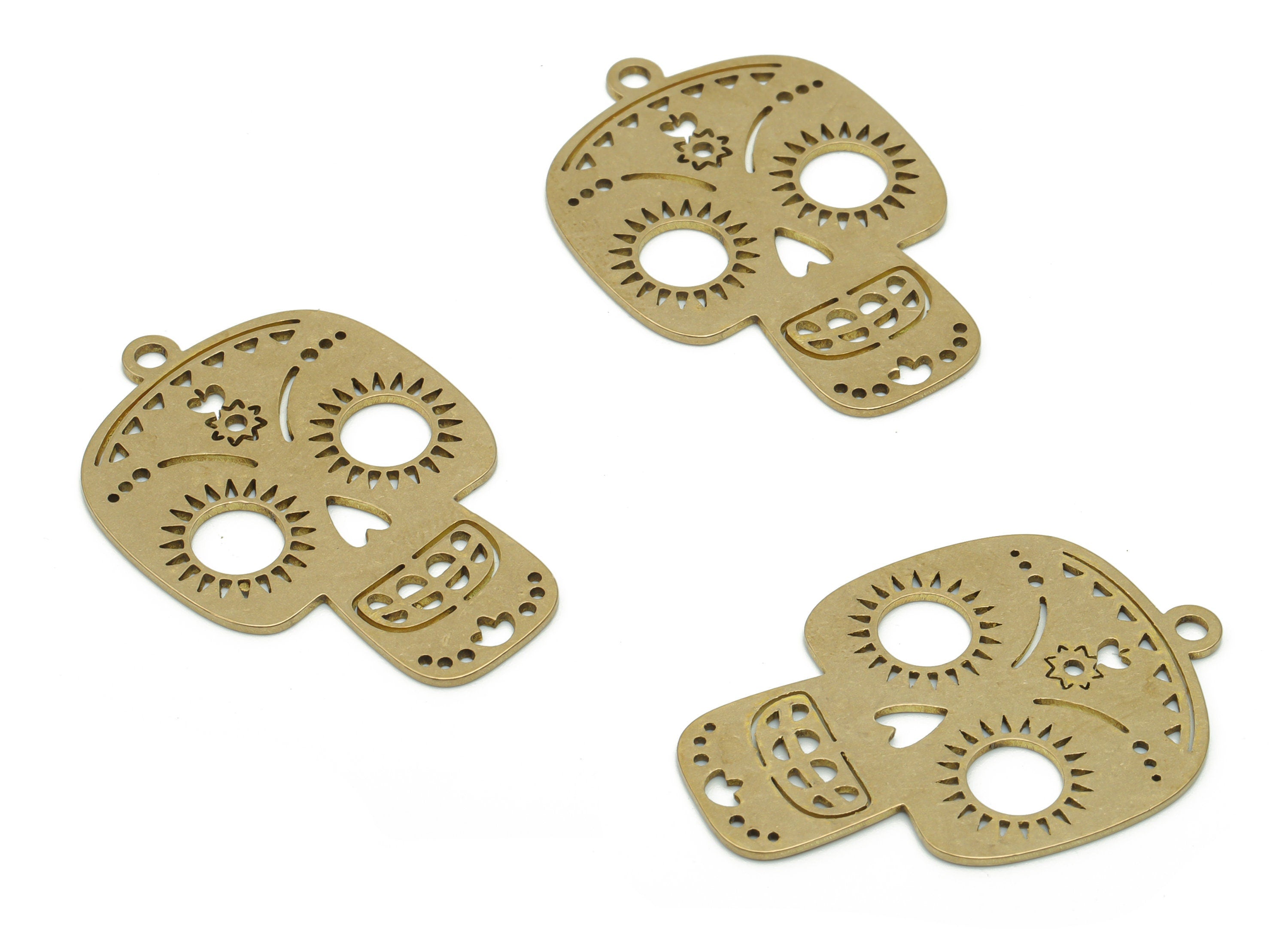 Brass Skull Flowers Sun Earring Charms - Raw Brass Skull Triangles Pendant - Jewelry Making Supplies - 35.74x24.46x0.75mm - PPZ0129 - DOMEDBAZAAR
