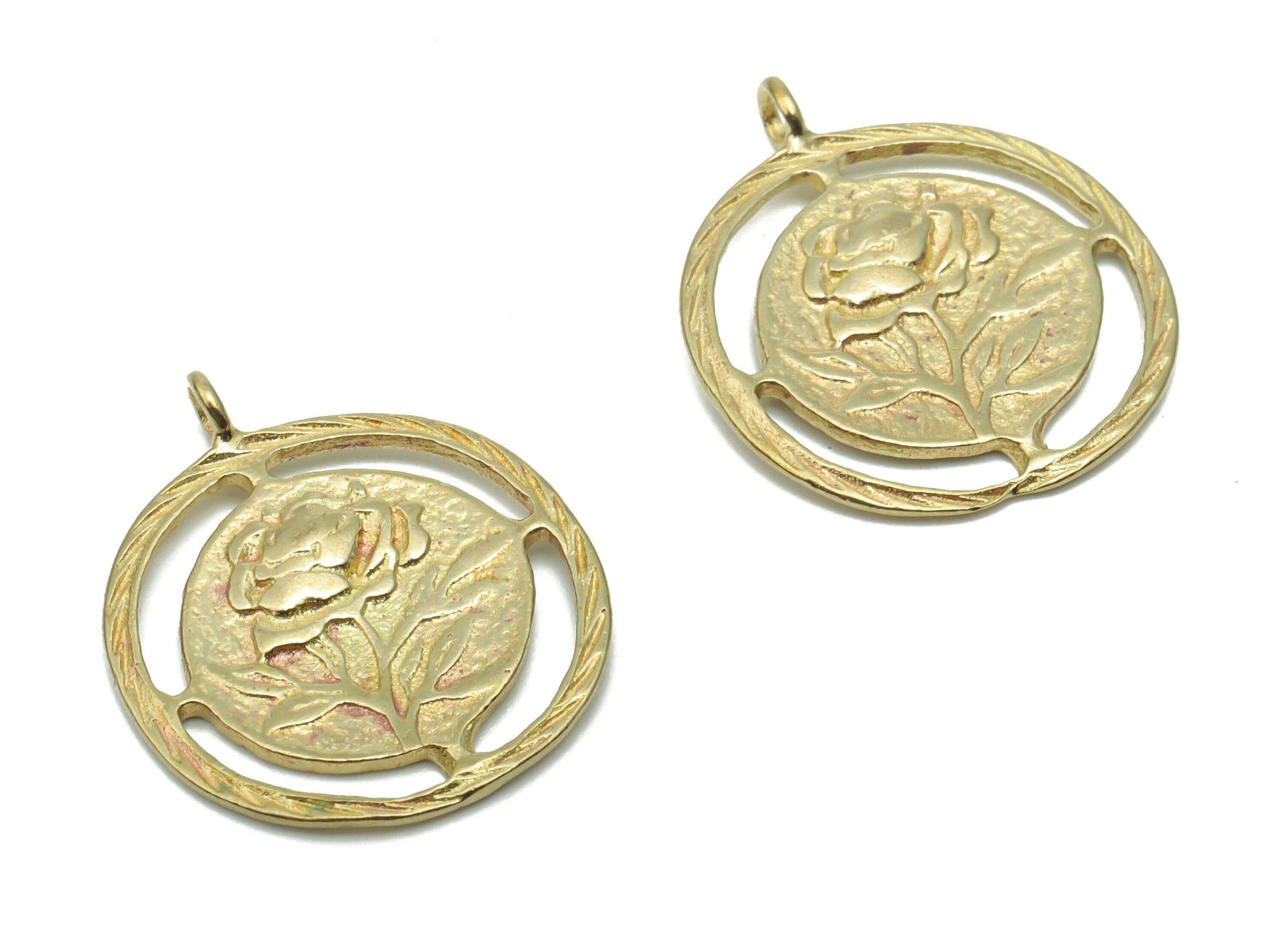 Brass Round Rose Flower Earring Charms - Raw Brass Rose Flower Circle Pendant - DIY Jewelry Making Supplies - 20.45x17.15x1.37mm - PP5069 - DOMEDBAZAAR