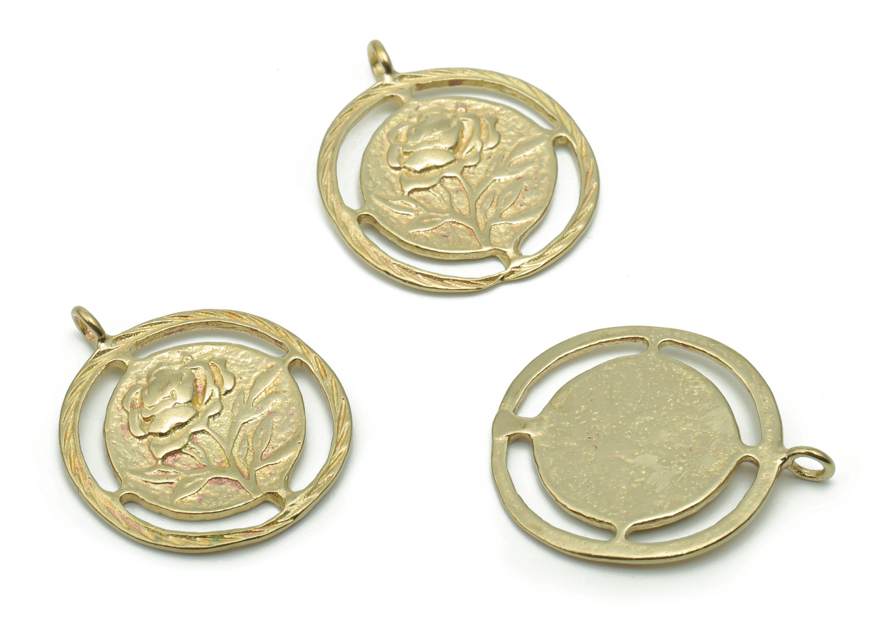 Brass Round Rose Flower Earring Charms - Raw Brass Rose Flower Circle Pendant - DIY Jewelry Making Supplies - 20.45x17.15x1.37mm - PP5069 - DOMEDBAZAAR