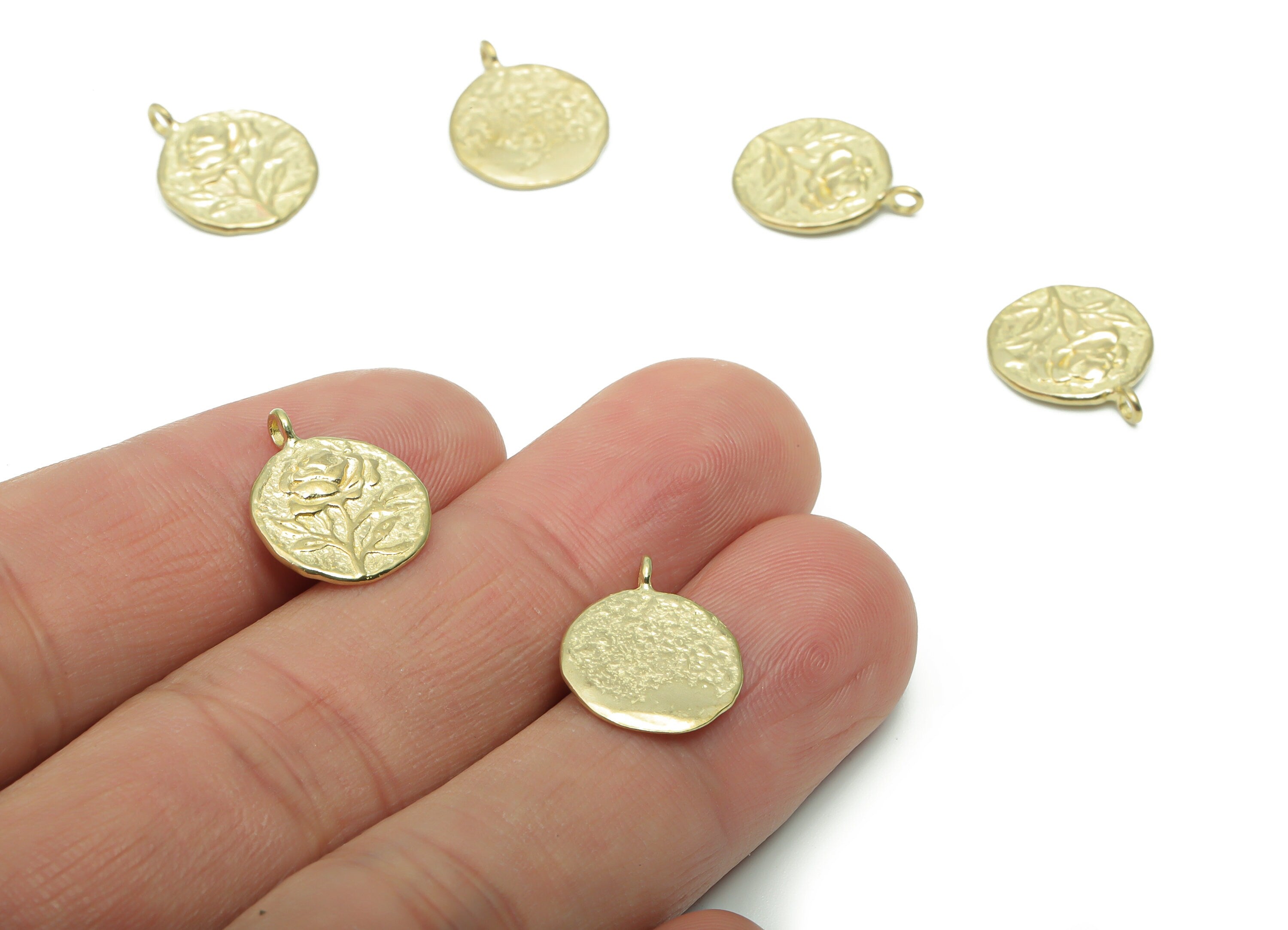 Brass Round Rose Flower Earring Charms - Raw Brass Rose Flower Circle Pendant - DIY Jewelry Making Supplies - 15.52x12.62x1.55mm - PP5017 - DOMEDBAZAAR