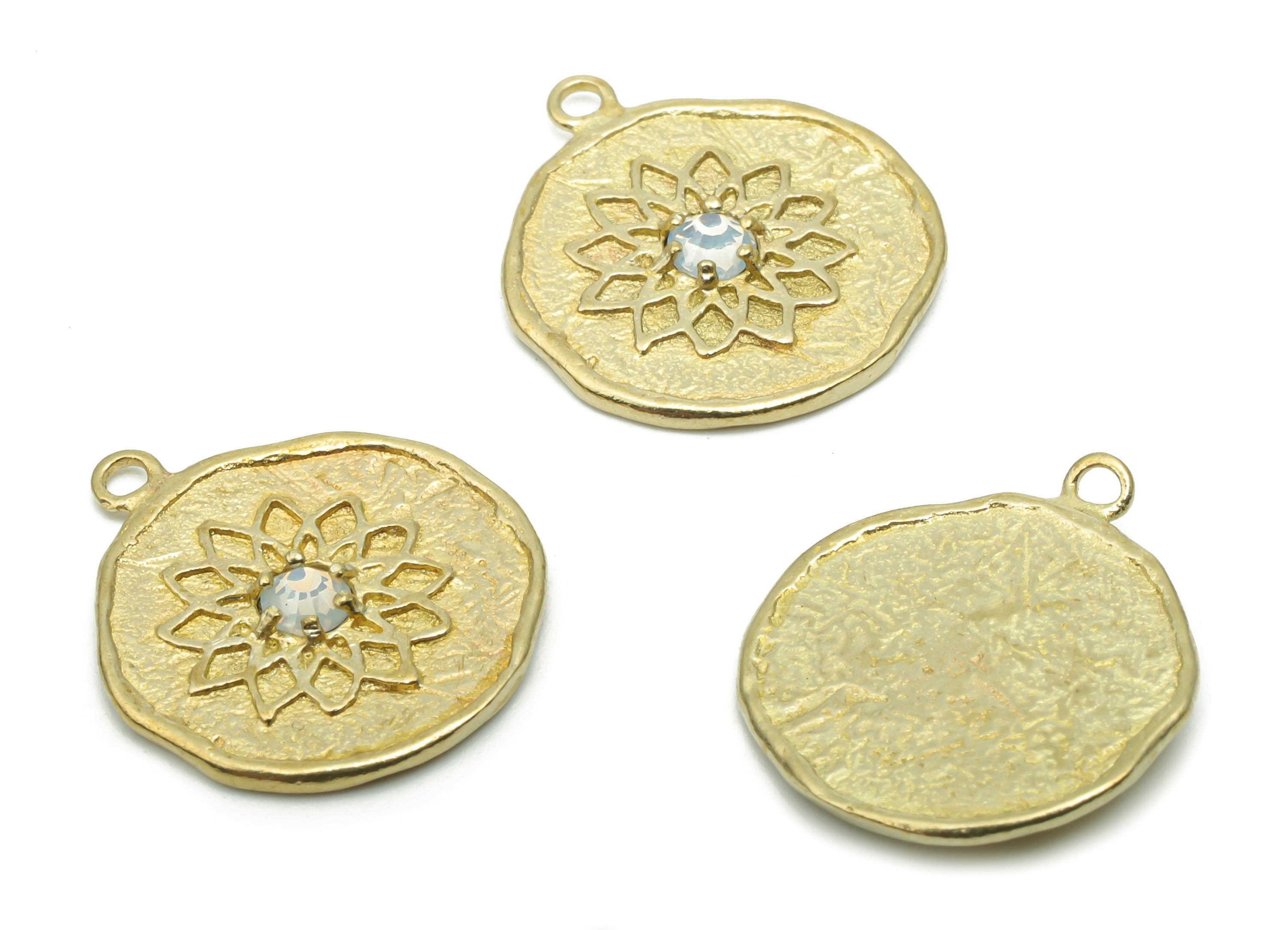 Brass Round Lotus Earring Charms With Zircon - Raw Brass Flower Circle Pendant - Jewelry Making Supplies - 17.91x15.81x2.04mm - PP5011 - DOMEDBAZAAR