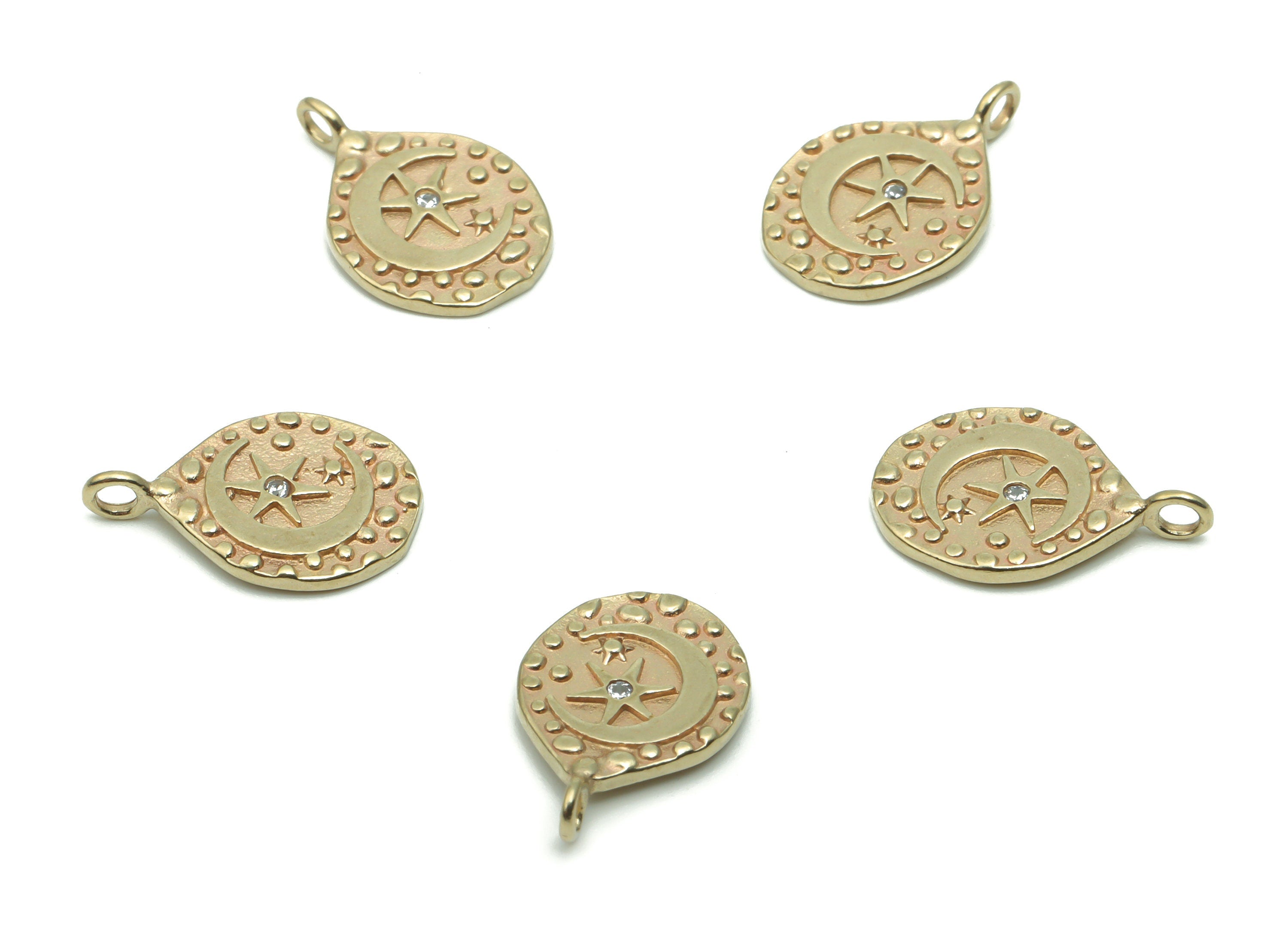 Brass Round Spotted Moon Star Earring Charms With Zircon - Raw Brass Crescent Circle Pendant - Jewelry Supplies - 15.16x10.1x1.15mm - PP5004 - DOMEDBAZAAR