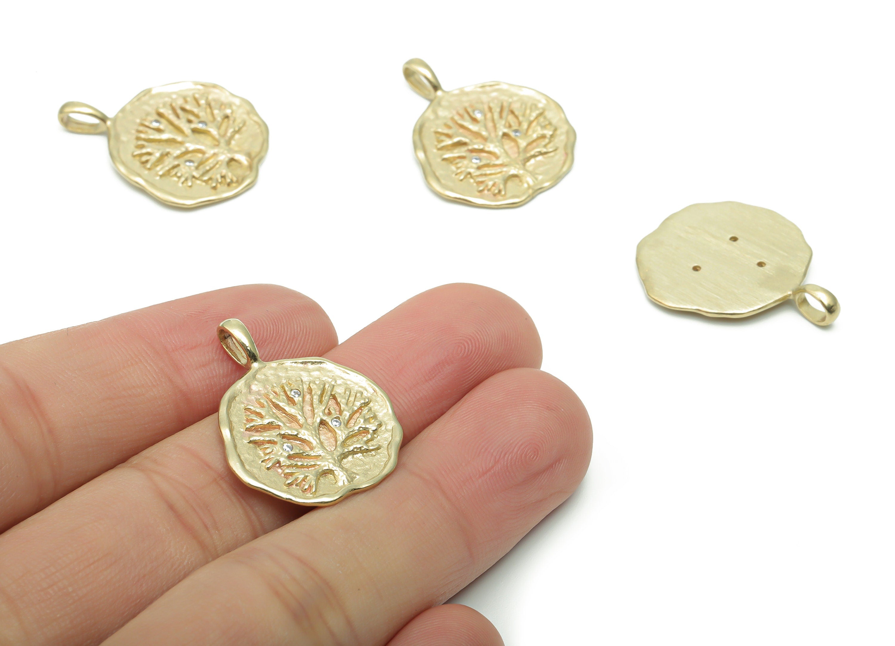 Brass Hammered Round Tree Root Earring Charms With Zircons - Raw Brass Circle Tree Root Pendant - Jewelry Supplies - 26.6x21.5x1.7mm -PP5057 - DOMEDBAZAAR