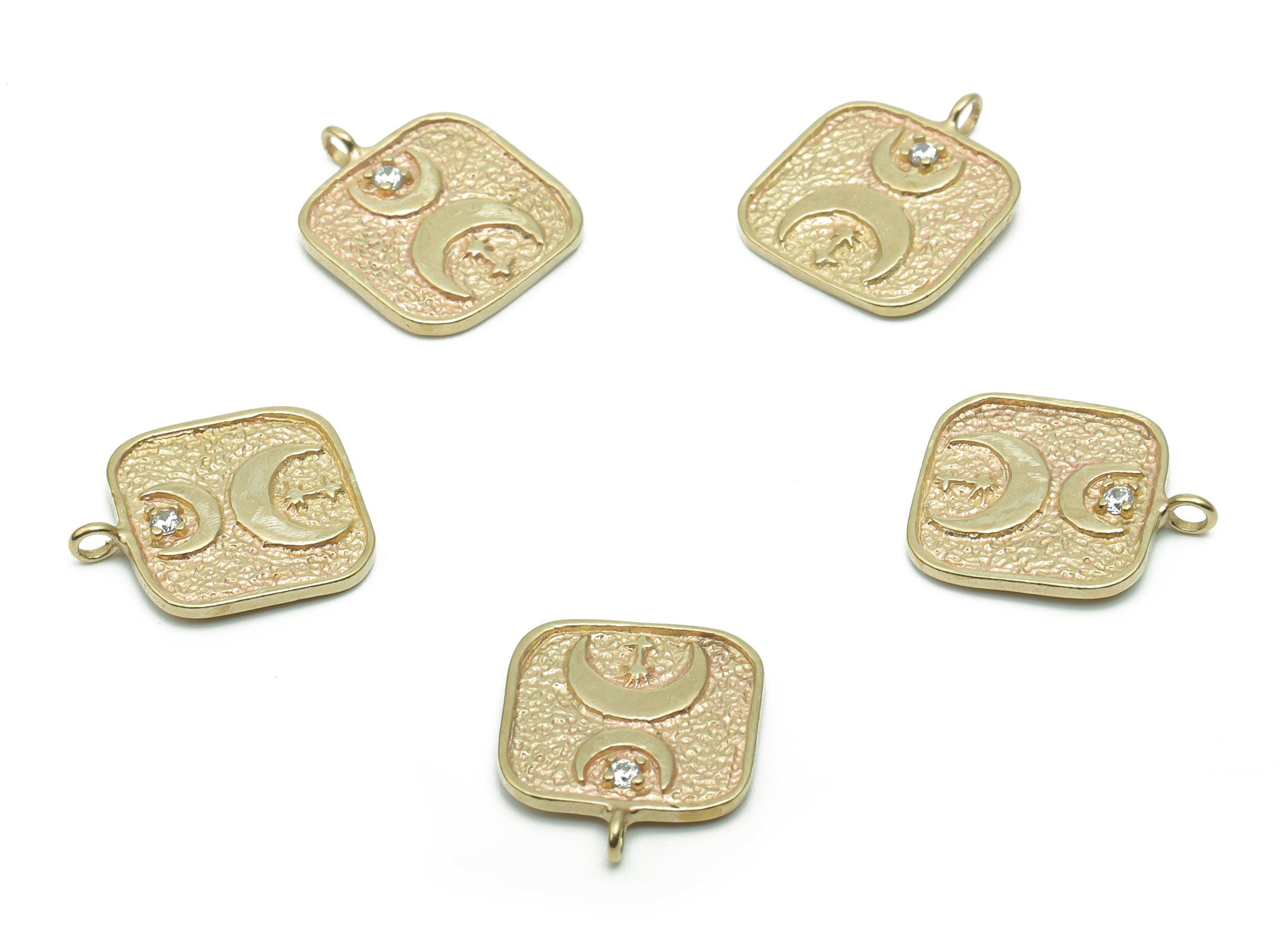 Brass Hammered Square Crescent Earring Charms With Zircons - Raw Brass Phase Of The Moon Pendant - Jewelry Supplies - 16.64x14.01x1mm-PP5016 - DOMEDBAZAAR