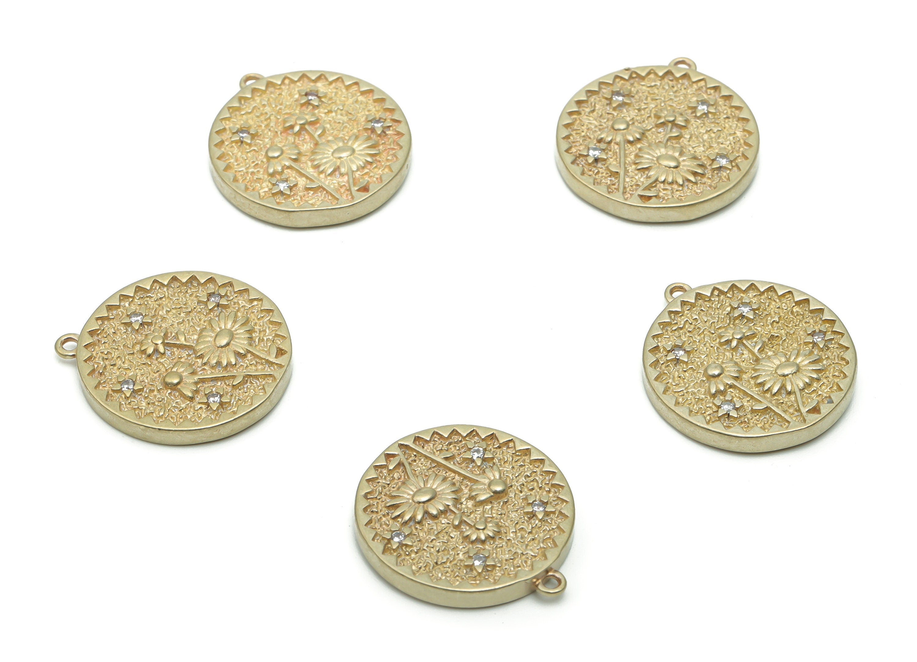 Brass Hammered Round Sunflower Earring Charms With Zircons - Raw Brass Circle Star Pendant - Jewelry Supplies - 19.96x17.63x2.41mm - PP5082 - DOMEDBAZAAR