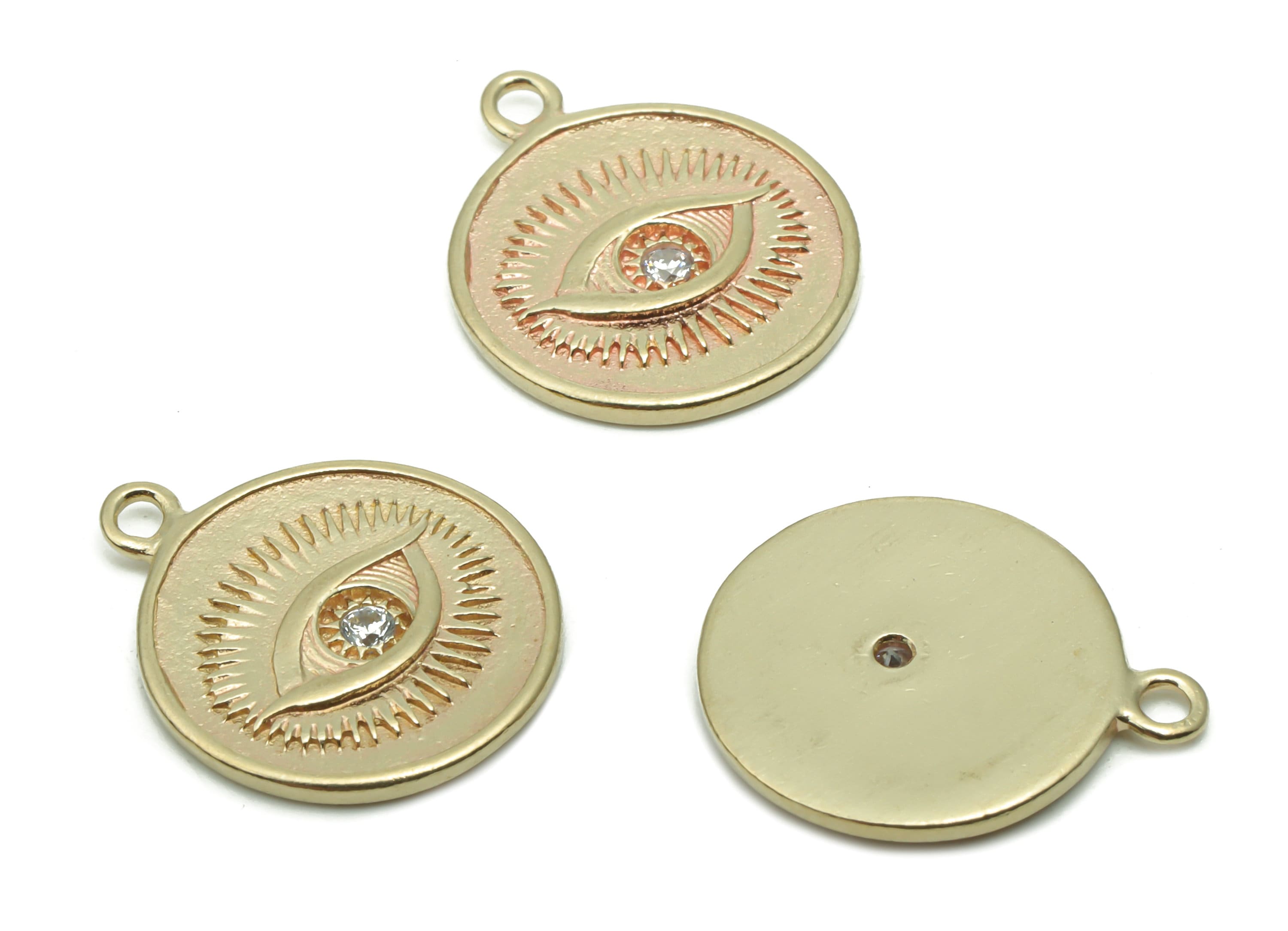 Brass Round Eye Earring Charms With Zircons - Raw Brass Eye Circle Pendant - Jewelry Making Supplies - 16.52x13.78x1.4mm - PP5014 - DOMEDBAZAAR