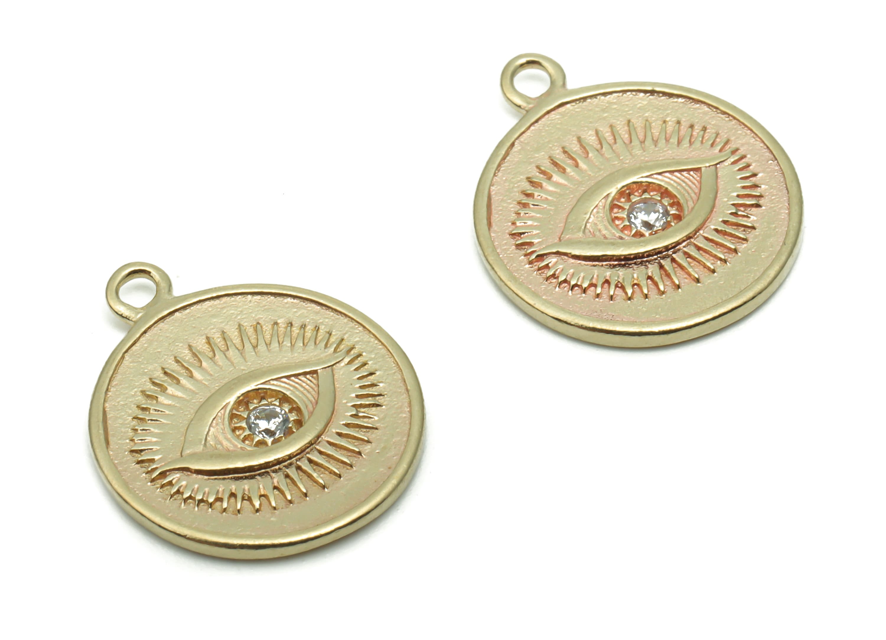 Brass Round Eye Earring Charms With Zircons - Raw Brass Eye Circle Pendant - Jewelry Making Supplies - 16.52x13.78x1.4mm - PP5014 - DOMEDBAZAAR