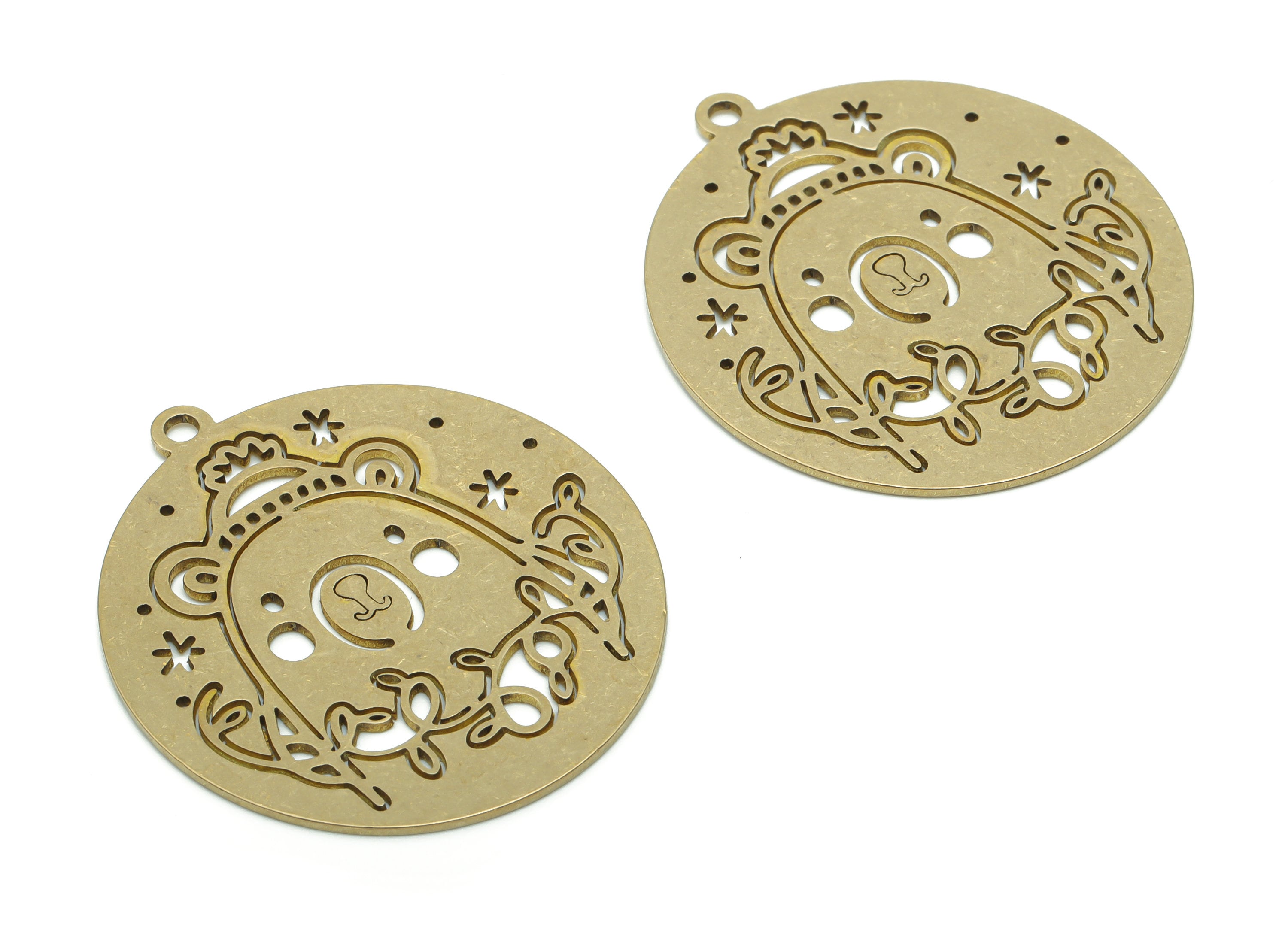 Brass Round Bear Planet Branch Earring Charms - Raw Brass Child Bear Star Branch Circle Pendant - Jewelry Supplies - 37.7x32.9x08mm -PPZ0111 - DOMEDBAZAAR