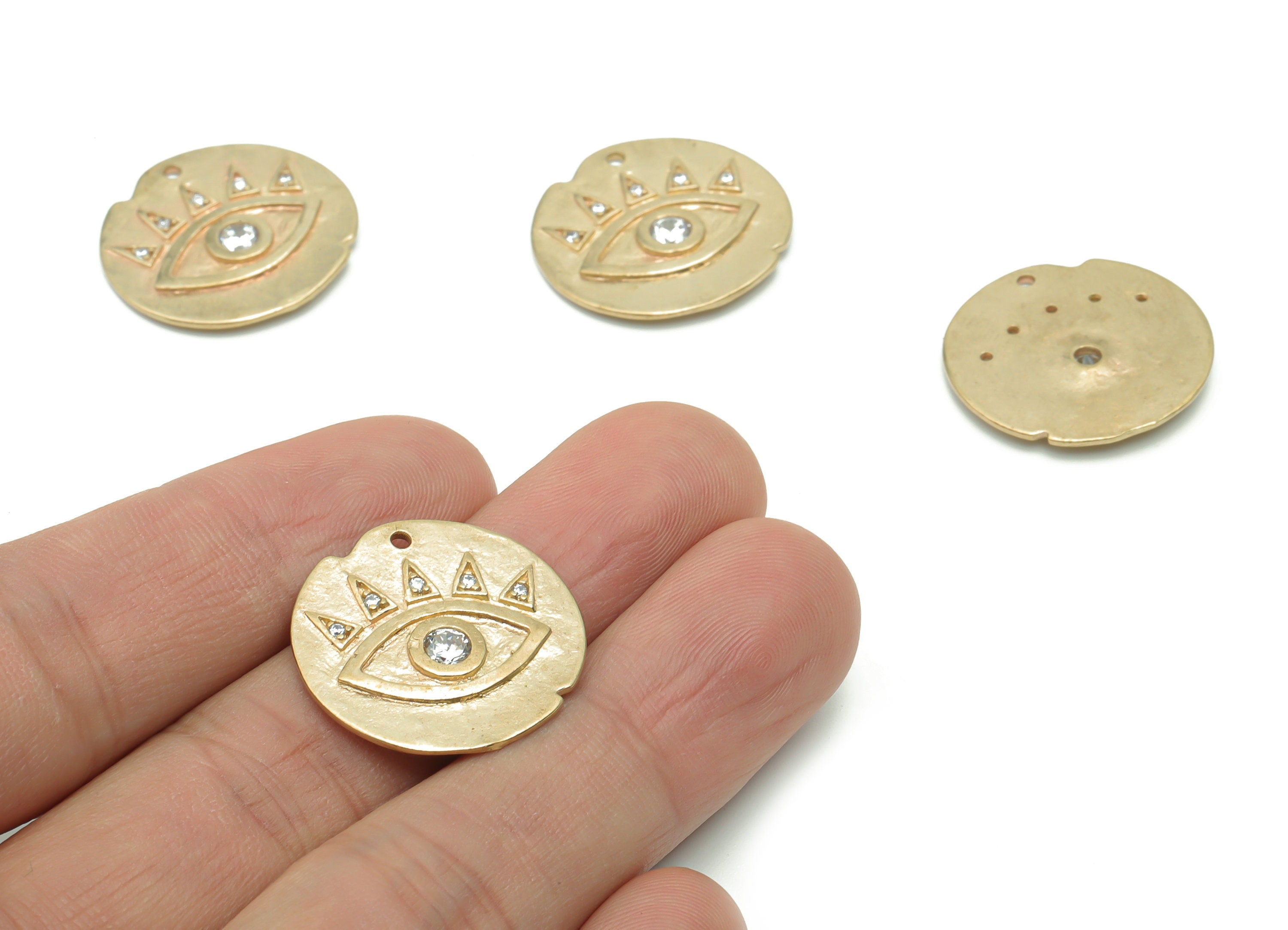 Brass Round Eye Earring Charms With Zircons - Raw Brass Eye Circle Pendant - Jewelry Making Supplies - 22.9x22.48x2.3mm - PP5042 - DOMEDBAZAAR