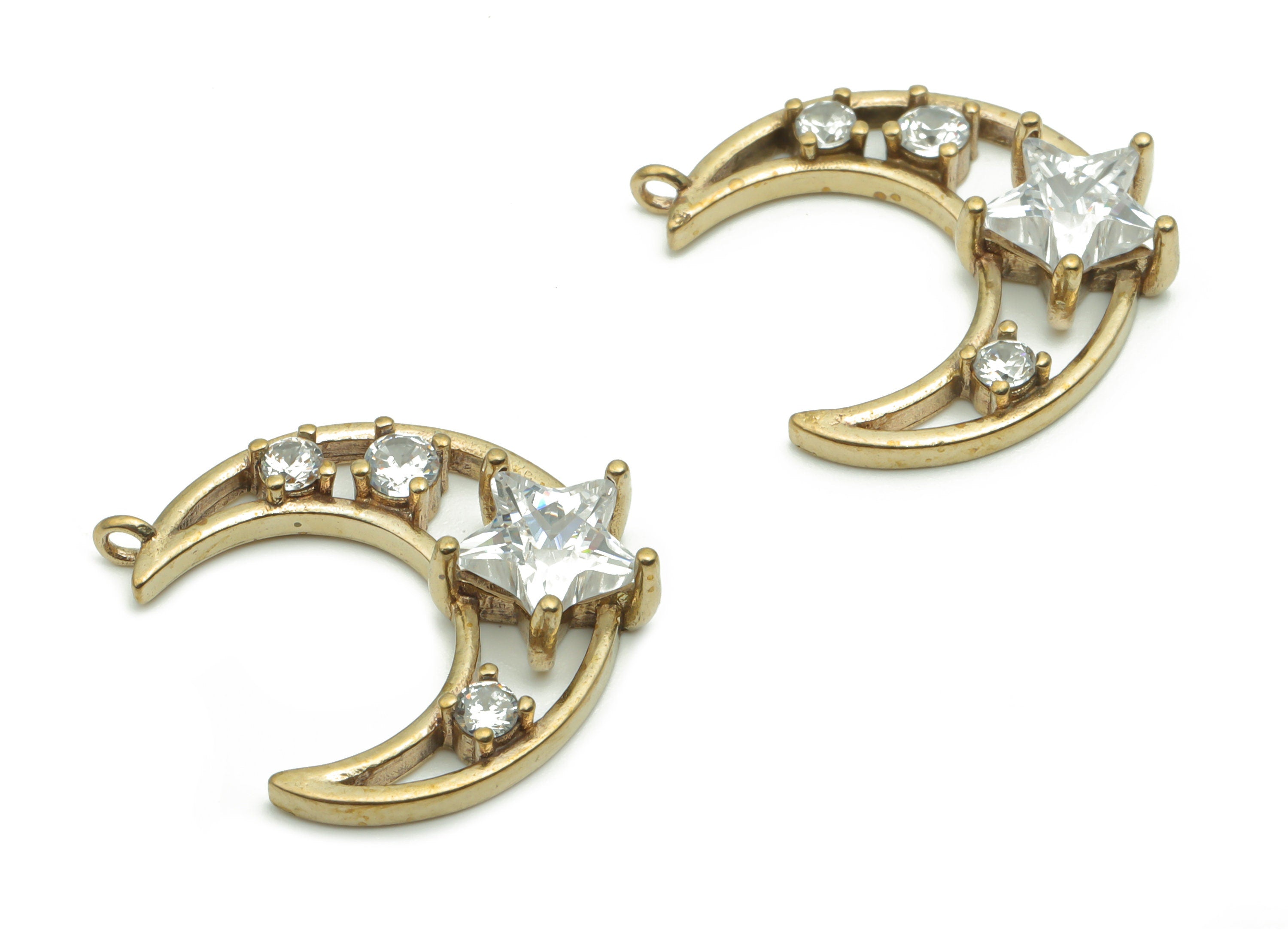 Brass Moon Star Earring Charms With Zircons - Raw Brass Crescent Star Pendant - Jewelry Making Supplies - 19.16x18.97x4.58mm - PP4994 - DOMEDBAZAAR