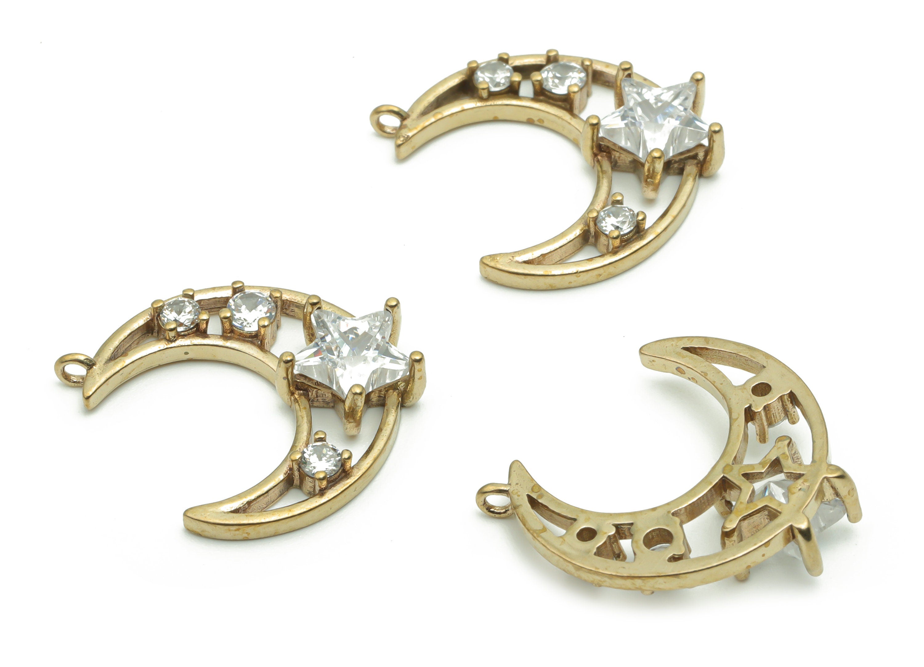 Brass Moon Star Earring Charms With Zircons - Raw Brass Crescent Star Pendant - Jewelry Making Supplies - 19.16x18.97x4.58mm - PP4994 - DOMEDBAZAAR