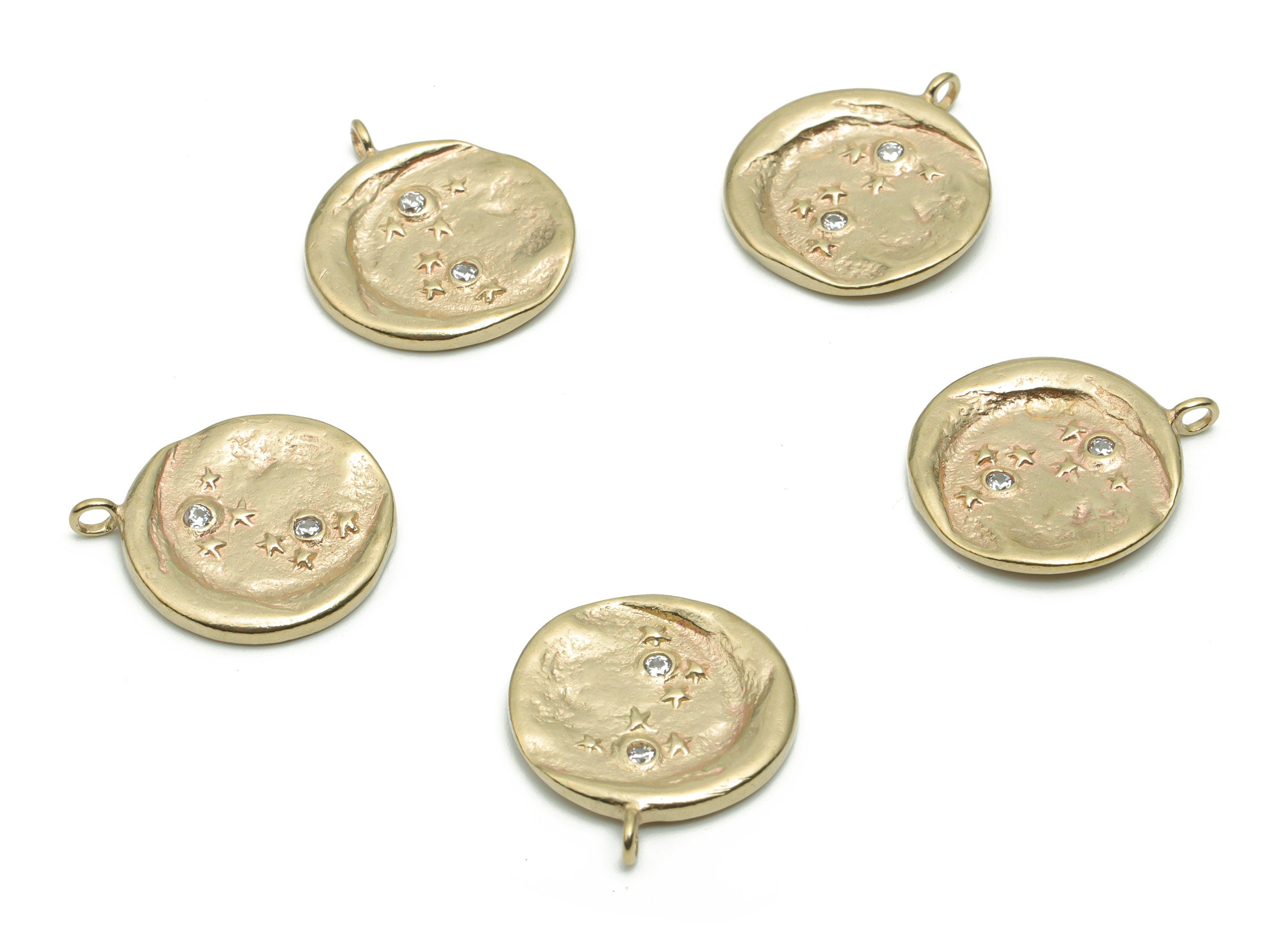Brass Mini Round Moon Star Earring Charms With Zircons - Raw Brass Circle Crescent Pendant - Jewelry Supplies - 19.18x16.5x1.65mm - PP5047 - DOMEDBAZAAR