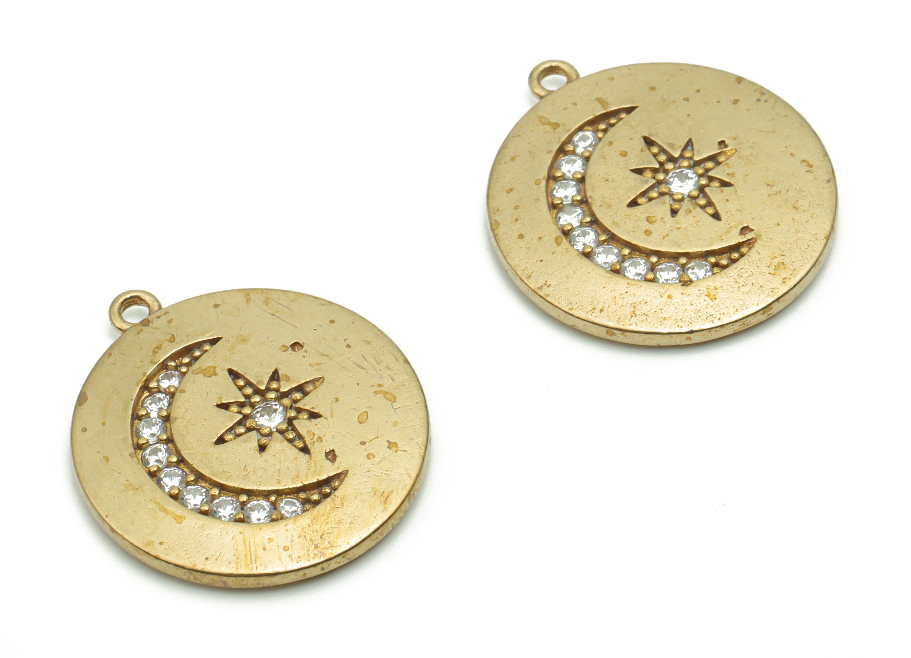 Brass Round Moon Star Earring Charms With Zircons - Raw Brass Circle Crescent Pendant - Jewelry Making Supplies - 22.27x20.26x2.5mm - PP4996 - DOMEDBAZAAR