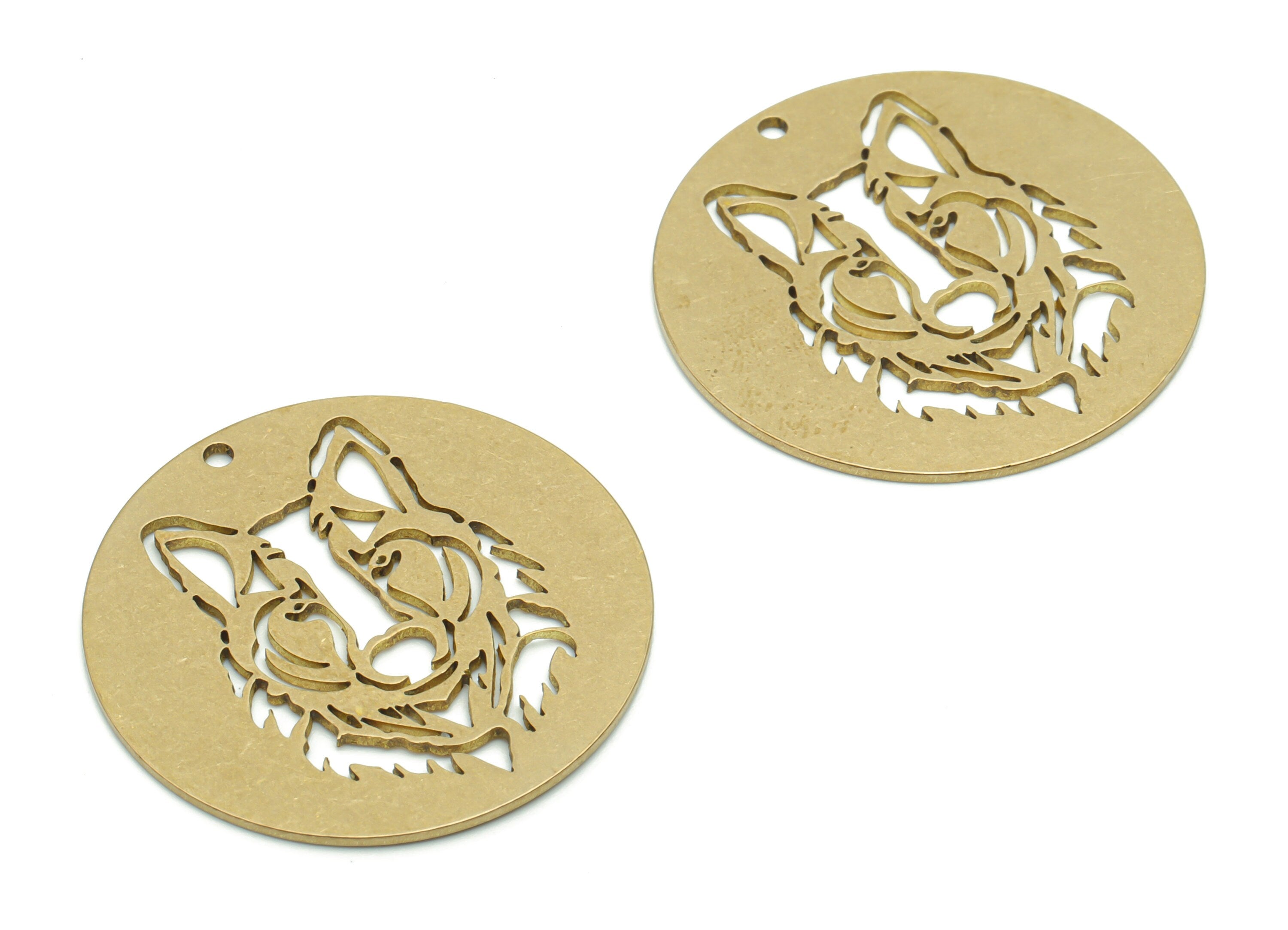Brass Round Wolf Earring Charms - Raw Brass Wolf Circle Pendant - DIY Jewelry Making Supplies - 29.76x29.76x0.78mm - PP4997 - DOMEDBAZAAR