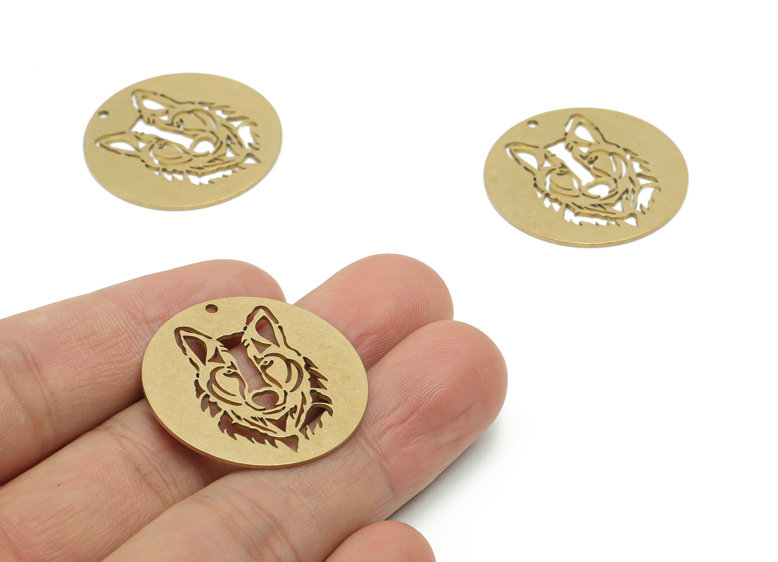 Brass Round Wolf Earring Charms - Raw Brass Wolf Circle Pendant - DIY Jewelry Making Supplies - 29.76x29.76x0.78mm - PP4997 - DOMEDBAZAAR