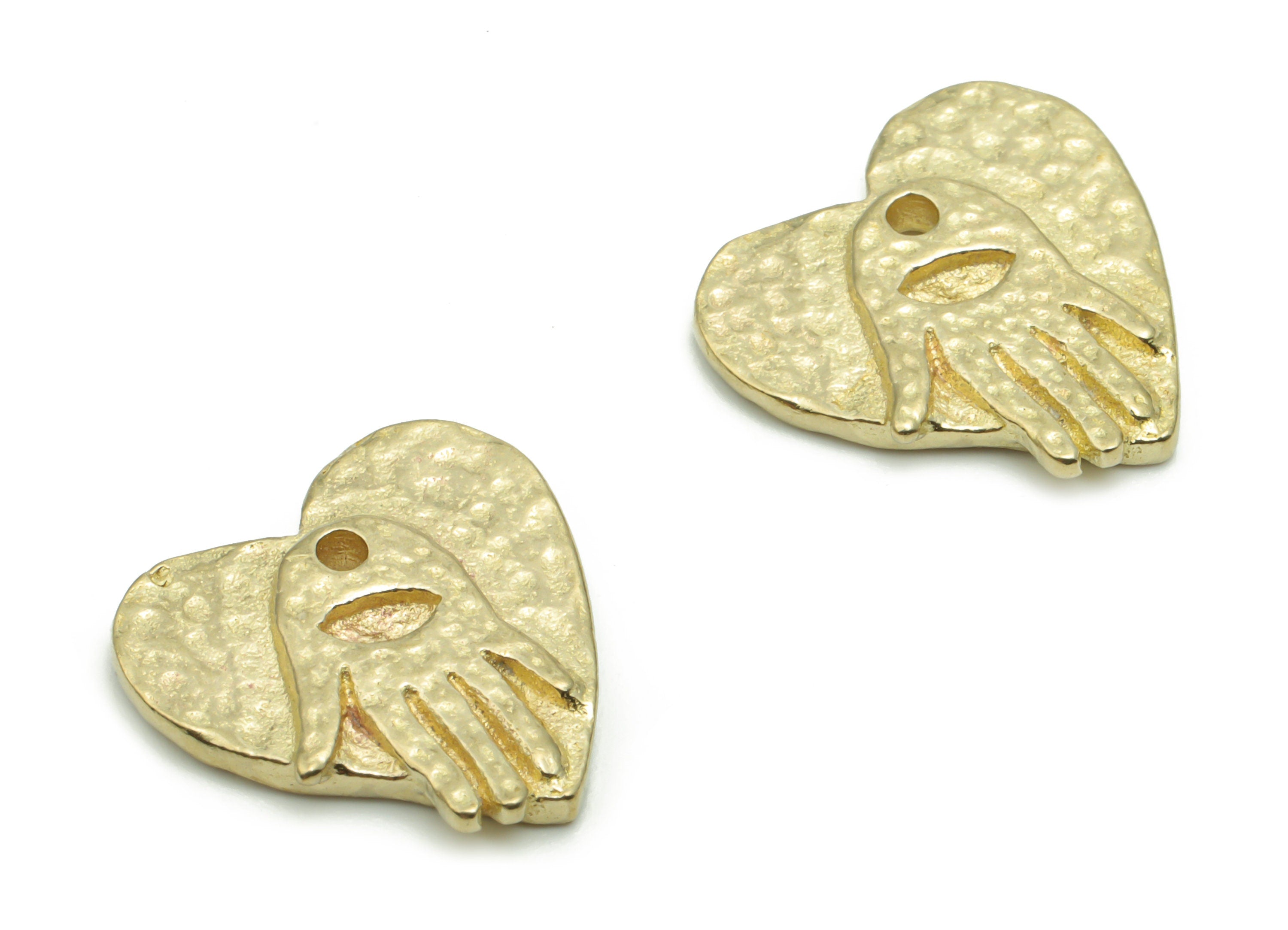 Brass Hammered Heart Hand Earring Charms - Raw Brass Heart Hand Pendant - Jewelry Making Supplies - 14.73x14.44x1.99mm - PP5031 - DOMEDBAZAAR