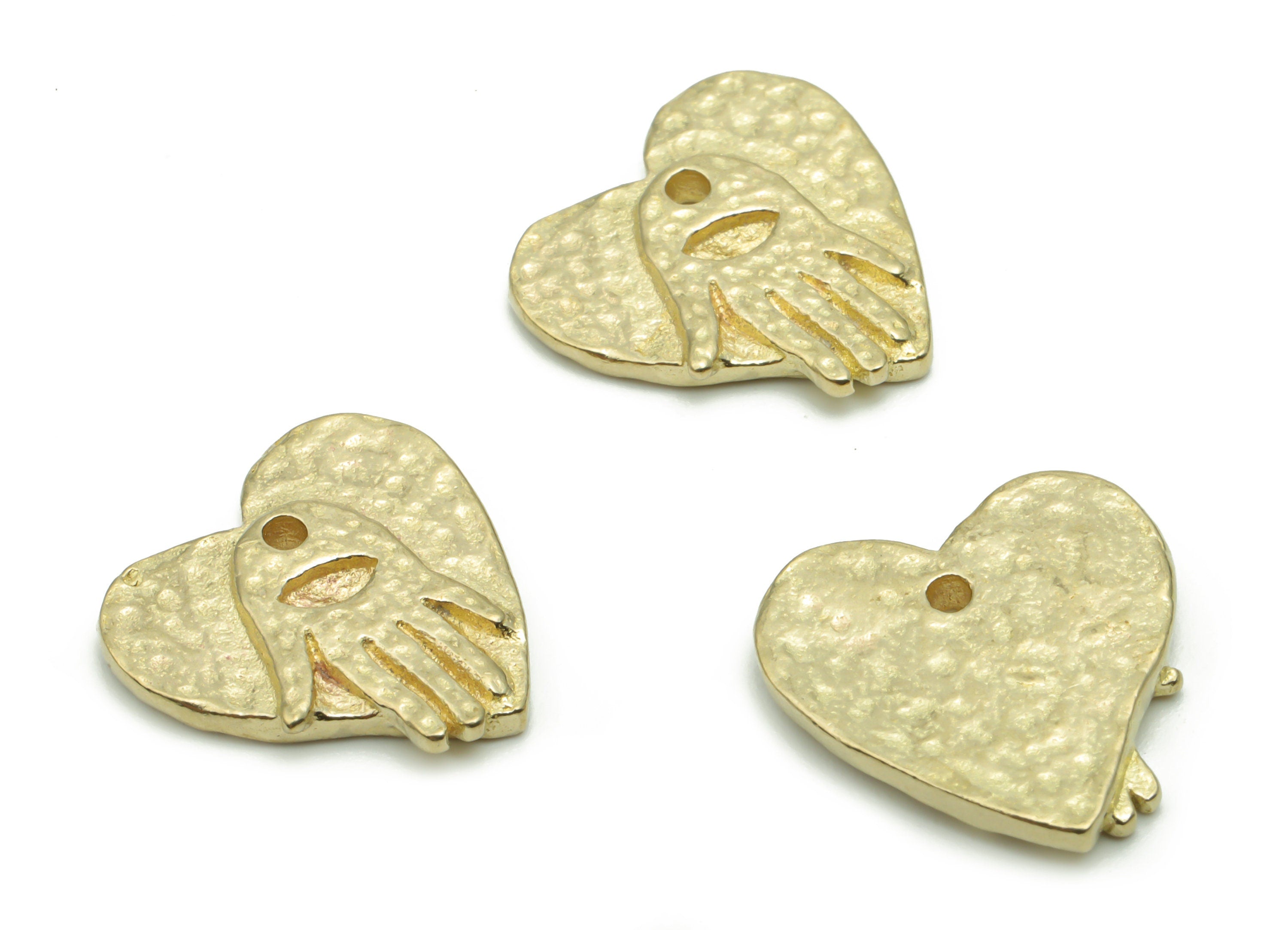 Brass Hammered Heart Hand Earring Charms - Raw Brass Heart Hand Pendant - Jewelry Making Supplies - 14.73x14.44x1.99mm - PP5031 - DOMEDBAZAAR