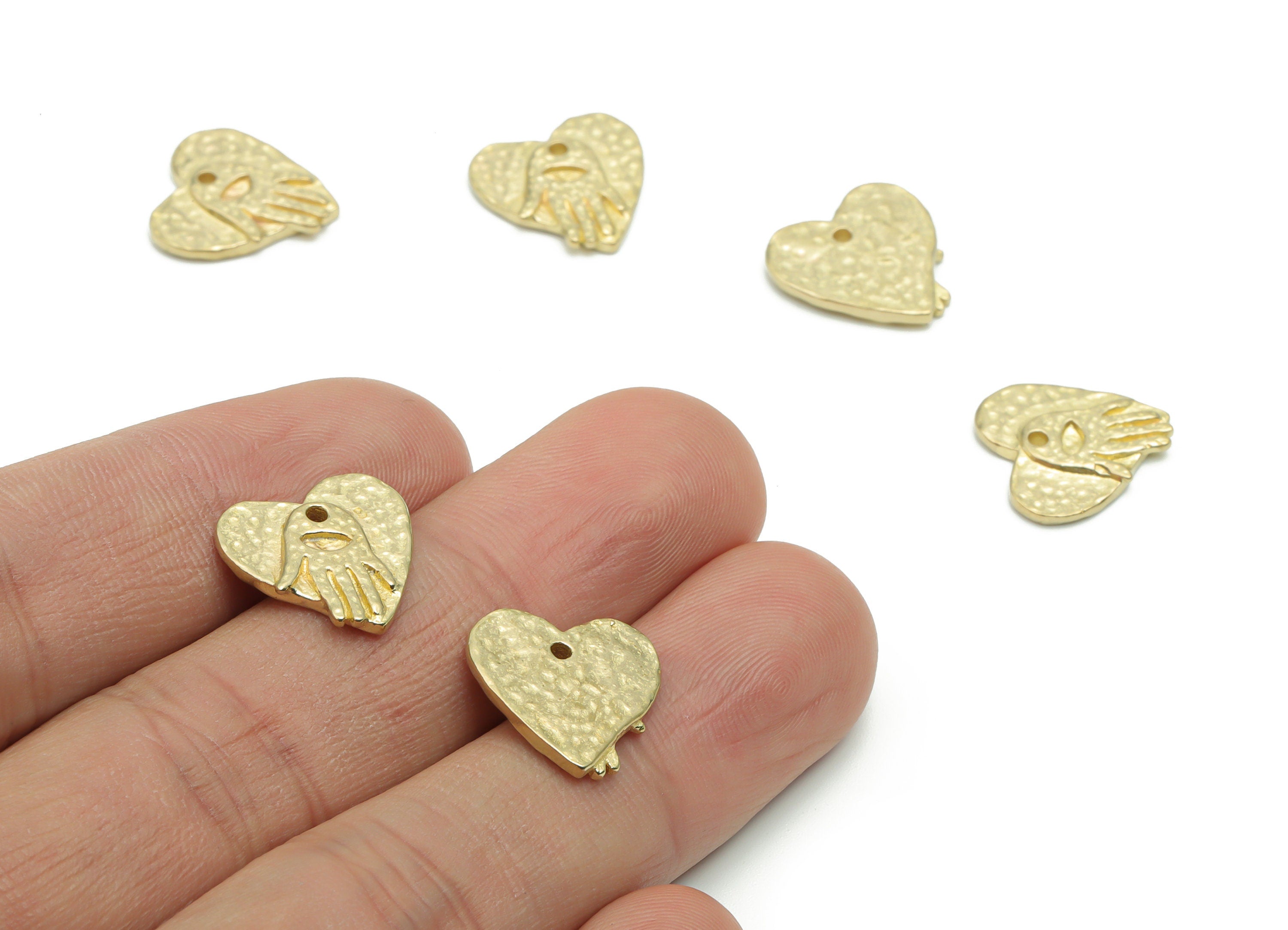 Brass Hammered Heart Hand Earring Charms - Raw Brass Heart Hand Pendant - Jewelry Making Supplies - 14.73x14.44x1.99mm - PP5031 - DOMEDBAZAAR