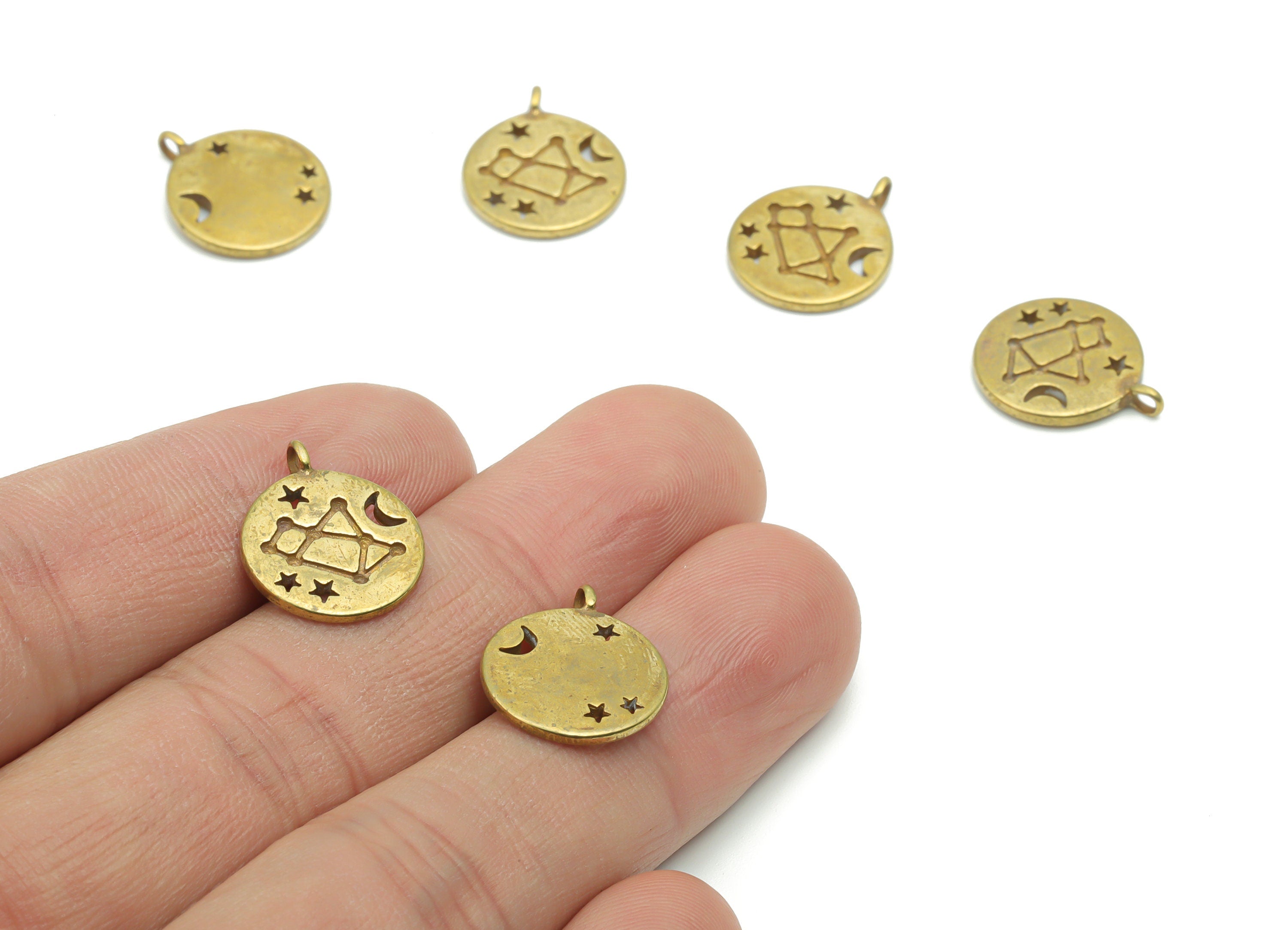 Brass Round Crescent Constellation Earring Charms - Raw Brass Circle Moon Star Space Pendant - Jewelry Supplies - 16.72x13.82x1.6mm -PP4992 - DOMEDBAZAAR
