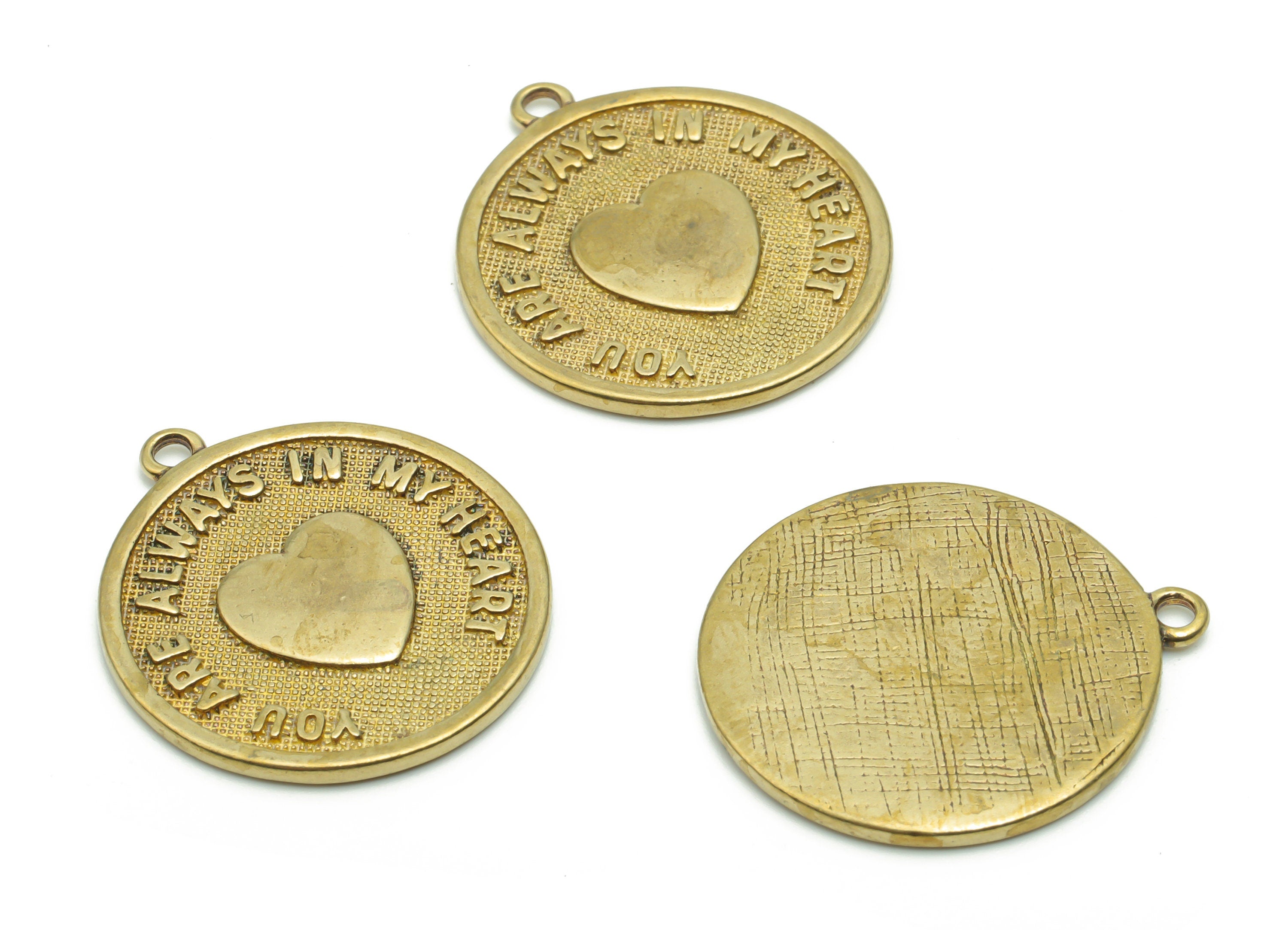 Brass You Are Always In My Heart Earring Charms - Raw Brass Round Heart Phrase Words Pendant - Jewelry Supplies - 25.03x22.15x1.4mm - PP4993 - DOMEDBAZAAR