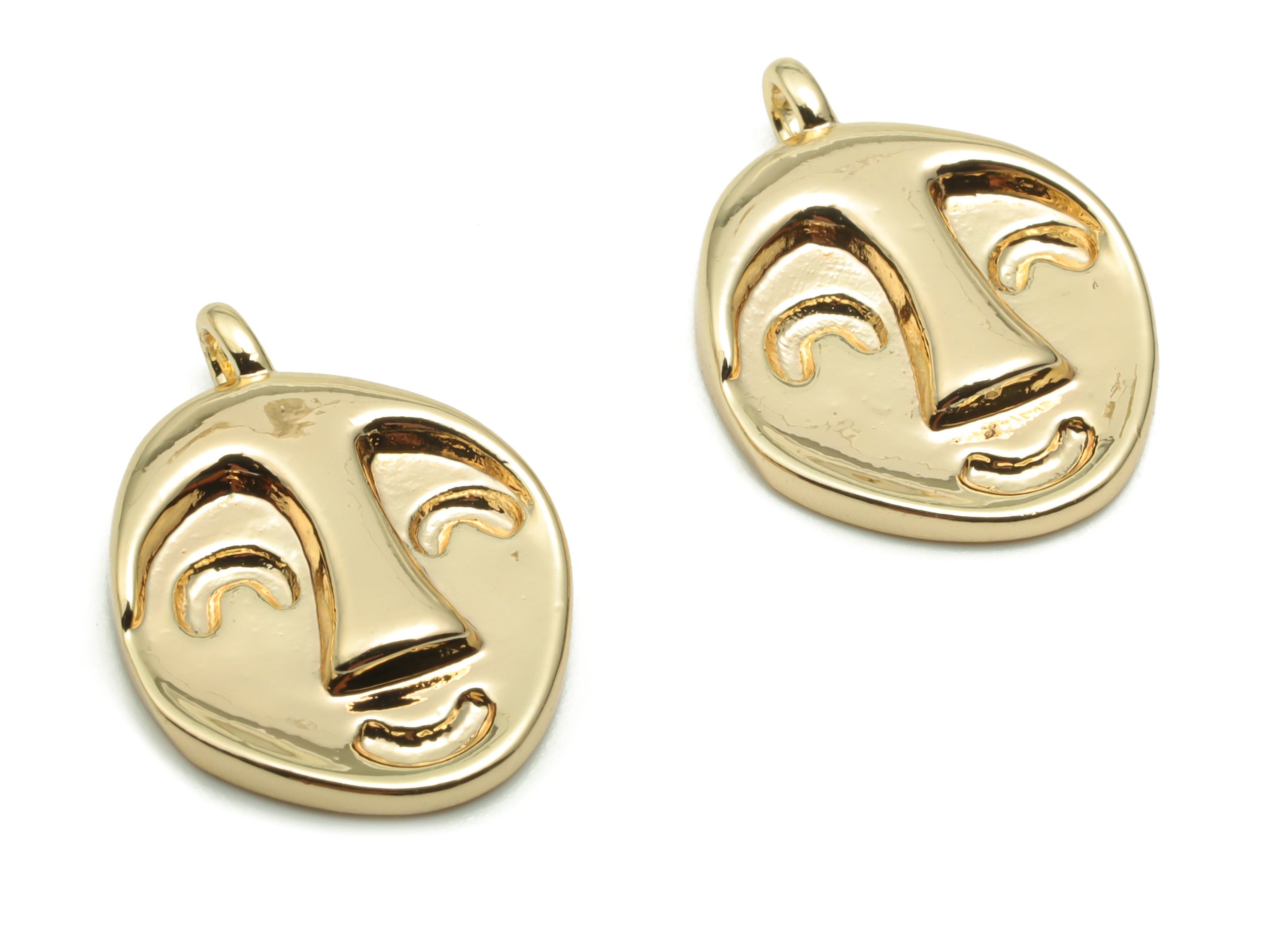 Brass Oval Face Earring Charms - Gold Woman Smiley Artistic Oval Pendant - 18K Real Gold Plated Brass - 17.01x12.2x2.6mm -RGP4264 - DOMEDBAZAAR