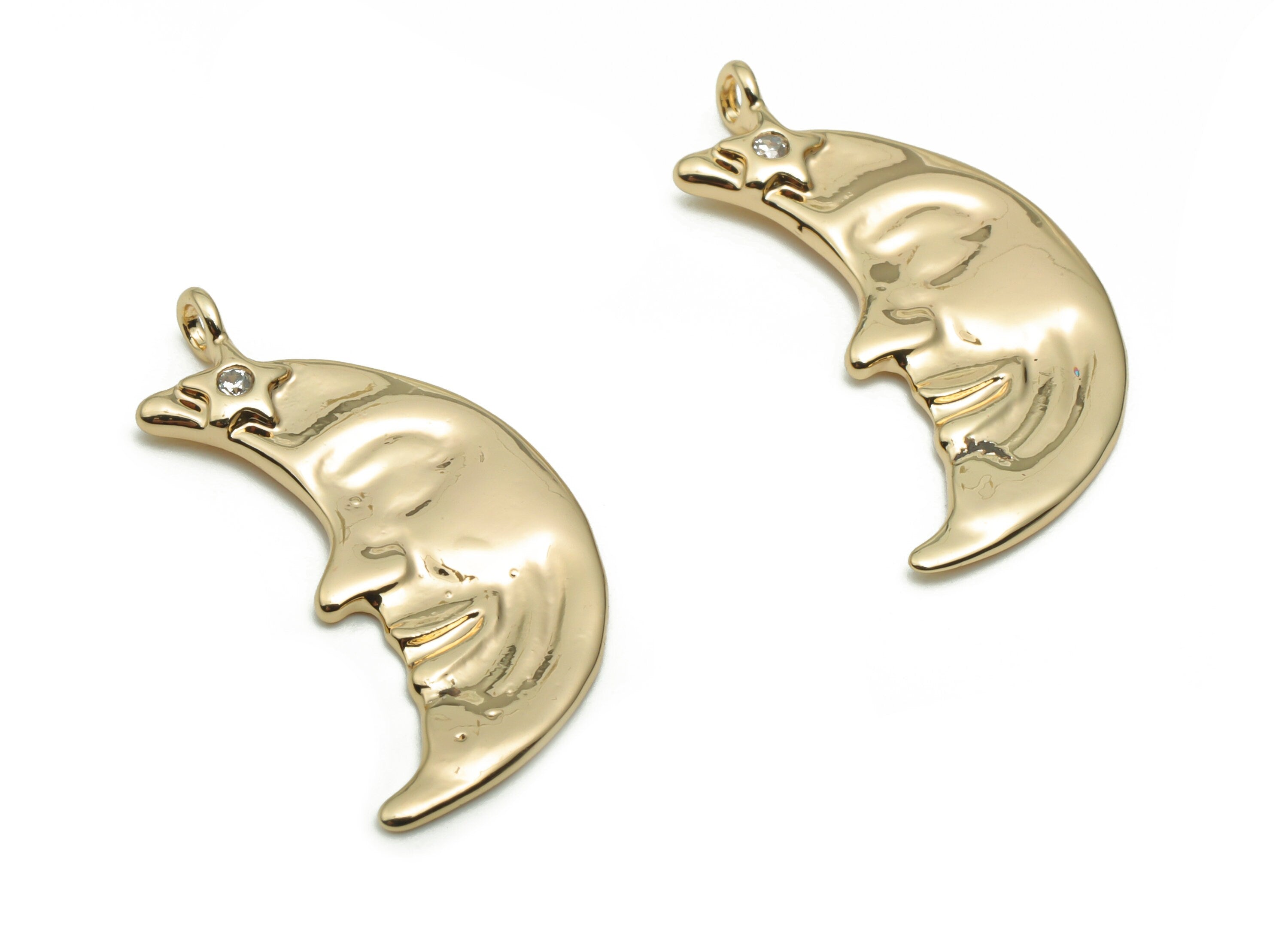 Brass Moon Smiley Face Earring Charms With Zircons - Gold Crescent Star Pendant - 18K Real Gold Plated Brass - 25.08x13.15x1.04mm - RGP4221 - DOMEDBAZAAR