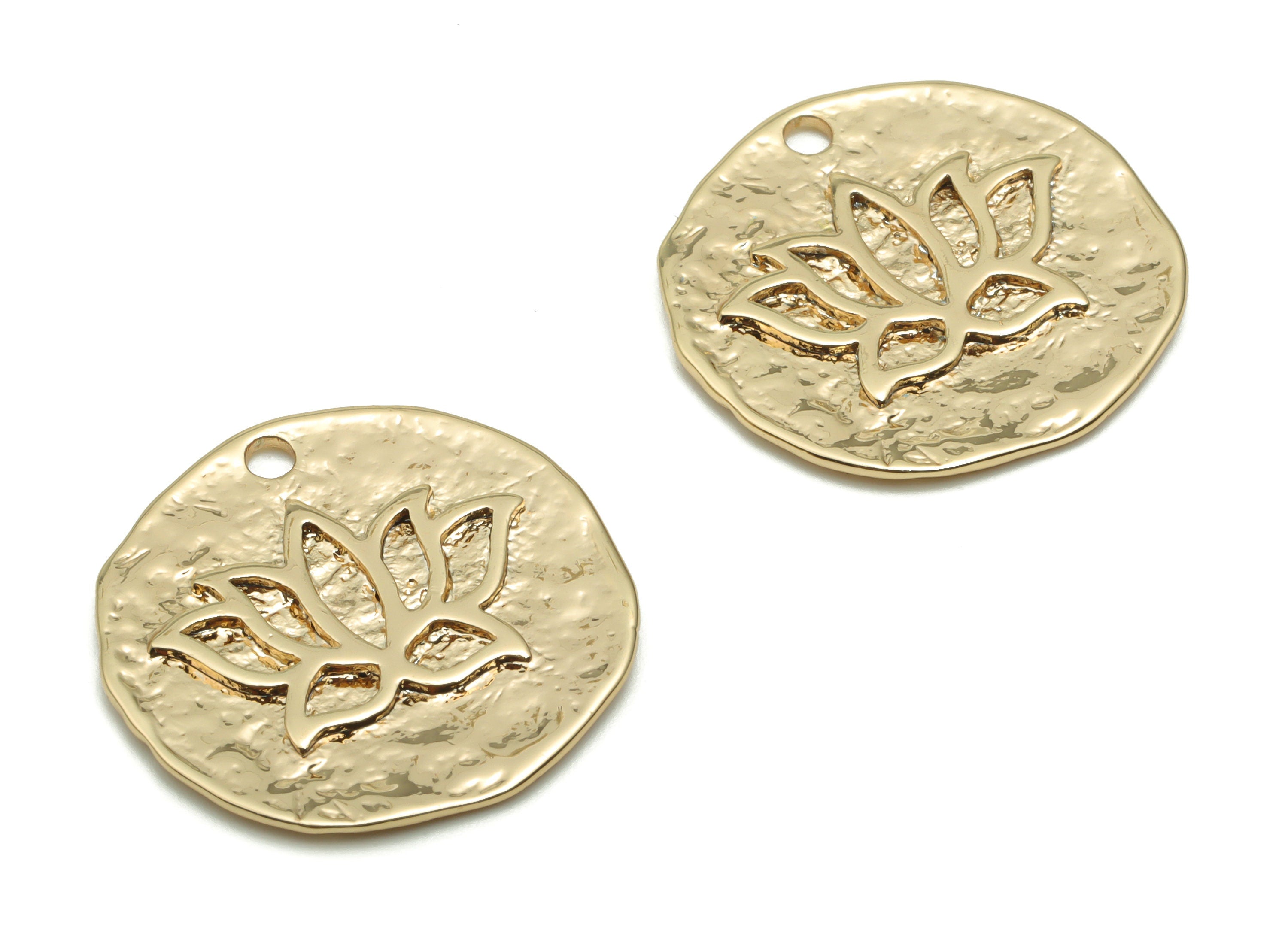 Brass Hammered Round Lotus Earring Charms - Gold Circle Flower Pendant - 18K Real Gold Plated Brass - 20.75x20.6x1.68mm - RGP4237 - DOMEDBAZAAR