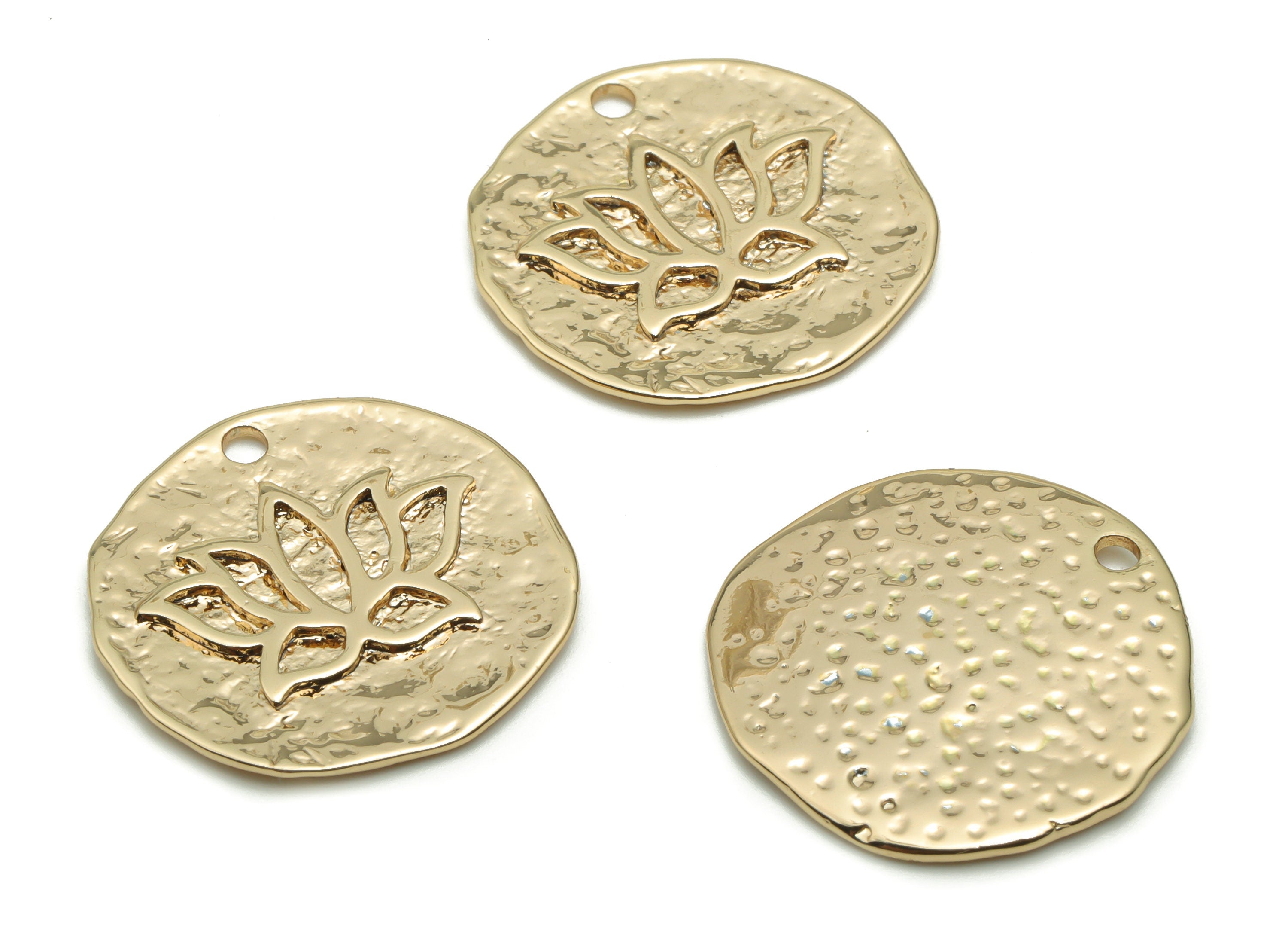 Brass Hammered Round Lotus Earring Charms - Gold Circle Flower Pendant - 18K Real Gold Plated Brass - 20.75x20.6x1.68mm - RGP4237 - DOMEDBAZAAR