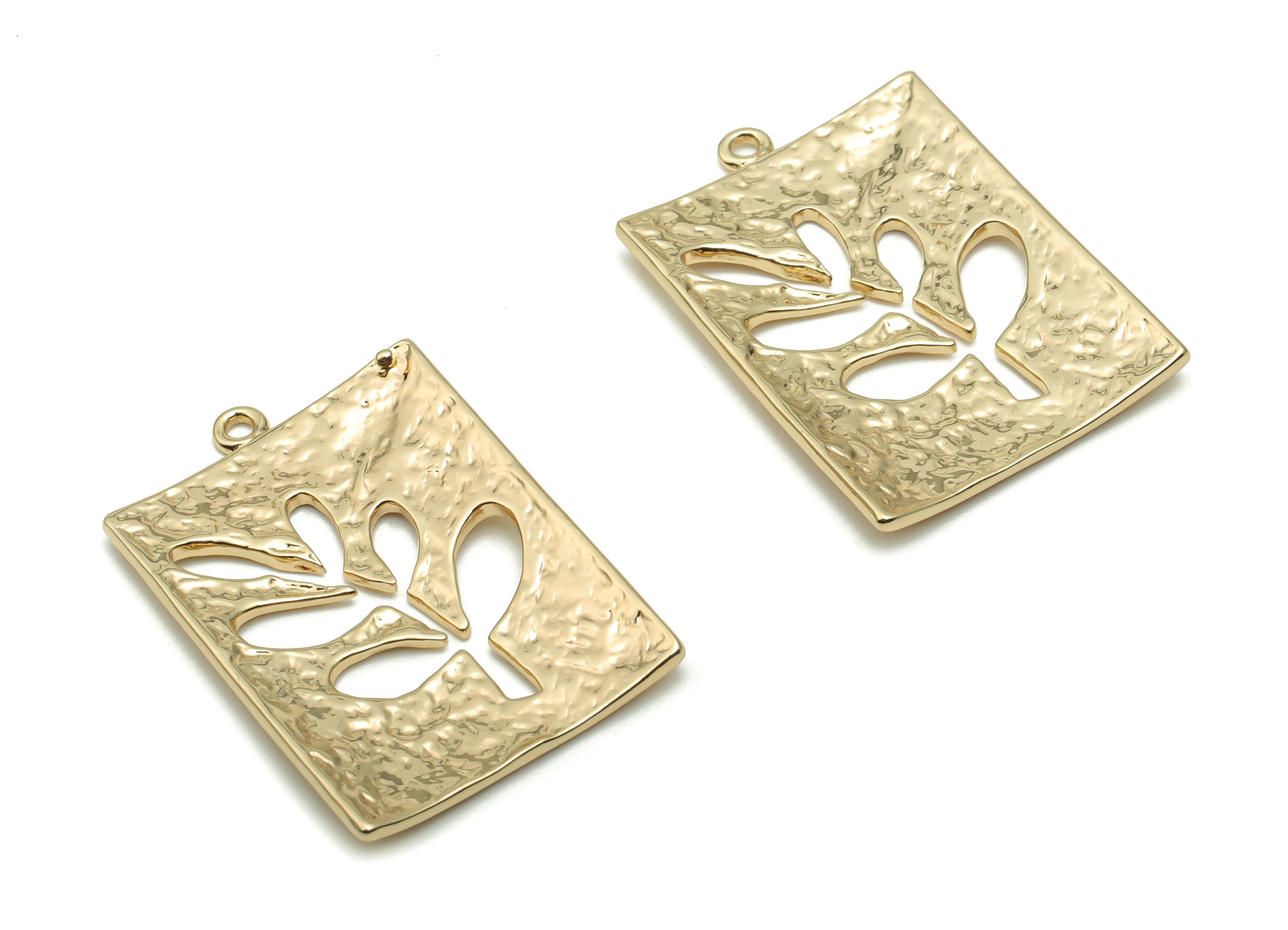 Brass Hammered Square Branch Earring Charms - Gold Leafs Square Pendant - 18K Real Gold Plated Brass - 31.09x21.66x1.39mm - RGP4247 - DOMEDBAZAAR