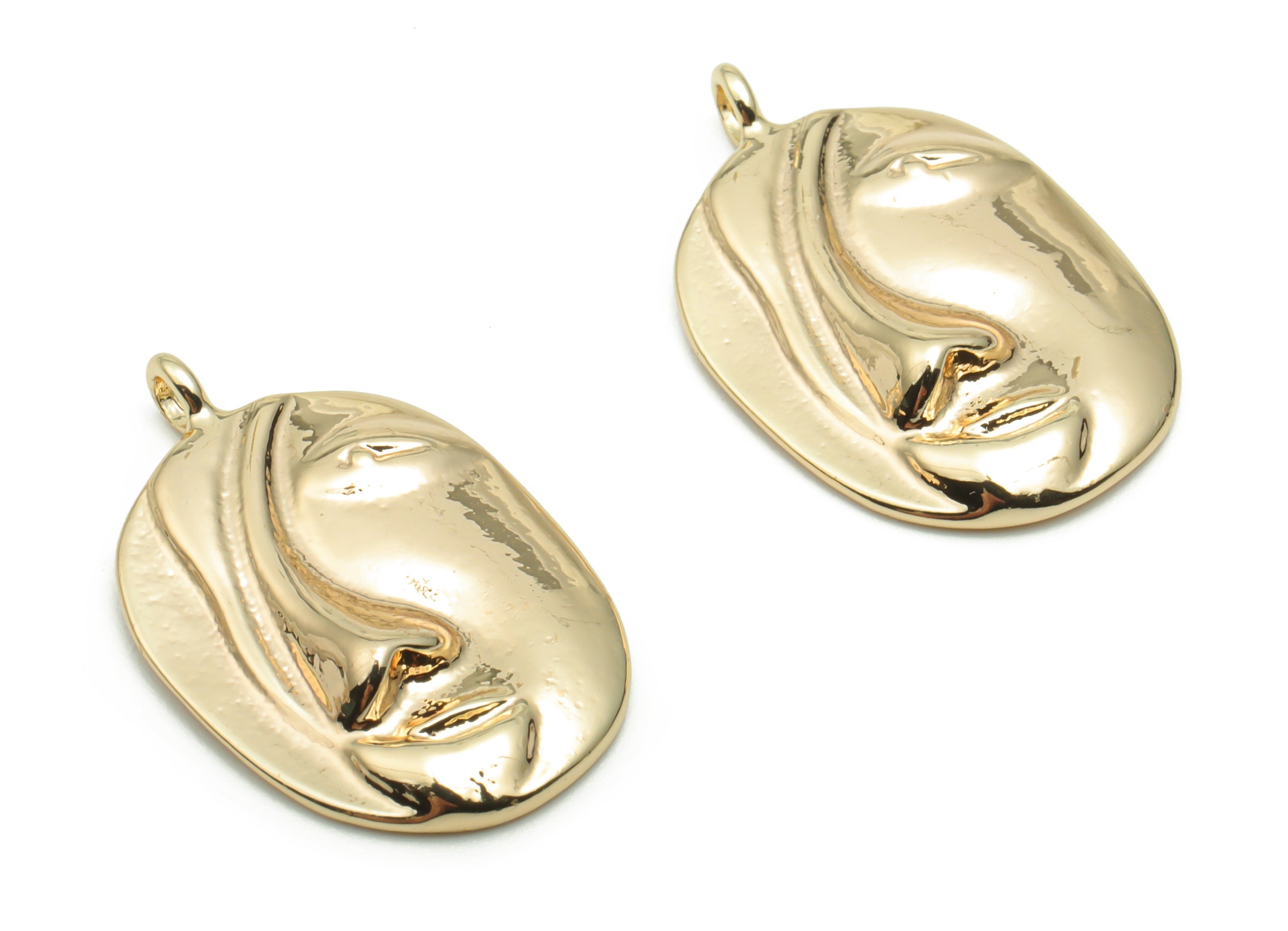 Brass Oval Face Hair Earring Charms - Gold Oval Woman Face Pendant - 18K Real Gold Plated Brass - Jewelry Supplies - 20.9x13.5x2.1mm-RGP4240 - DOMEDBAZAAR